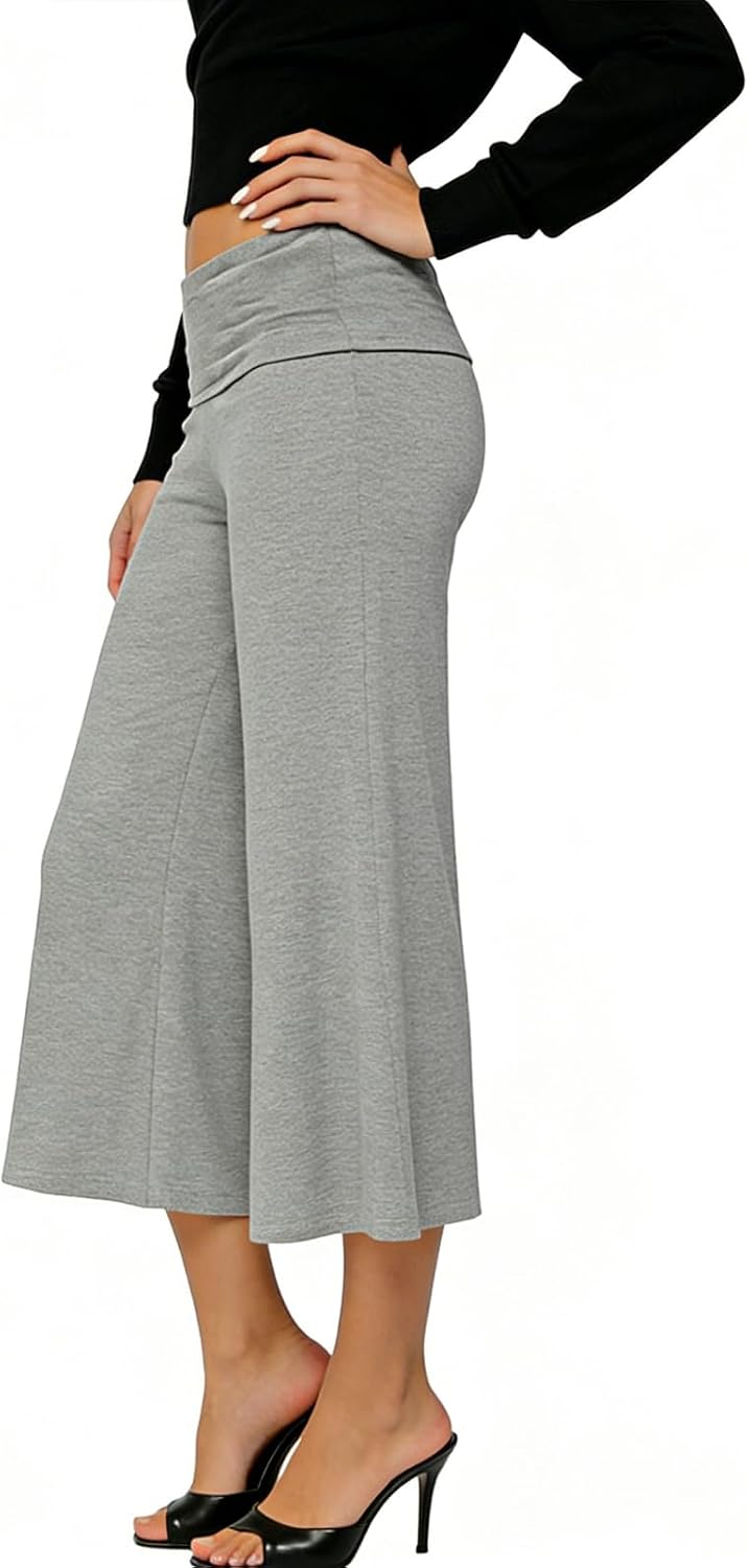 XBTCLXEBCO Womens Fold Over Capri Pants Flowy Low Rise Wide Leg Gaucho Pants Yoga Capris Comfy Palazzo Culotte Lounge Bottoms