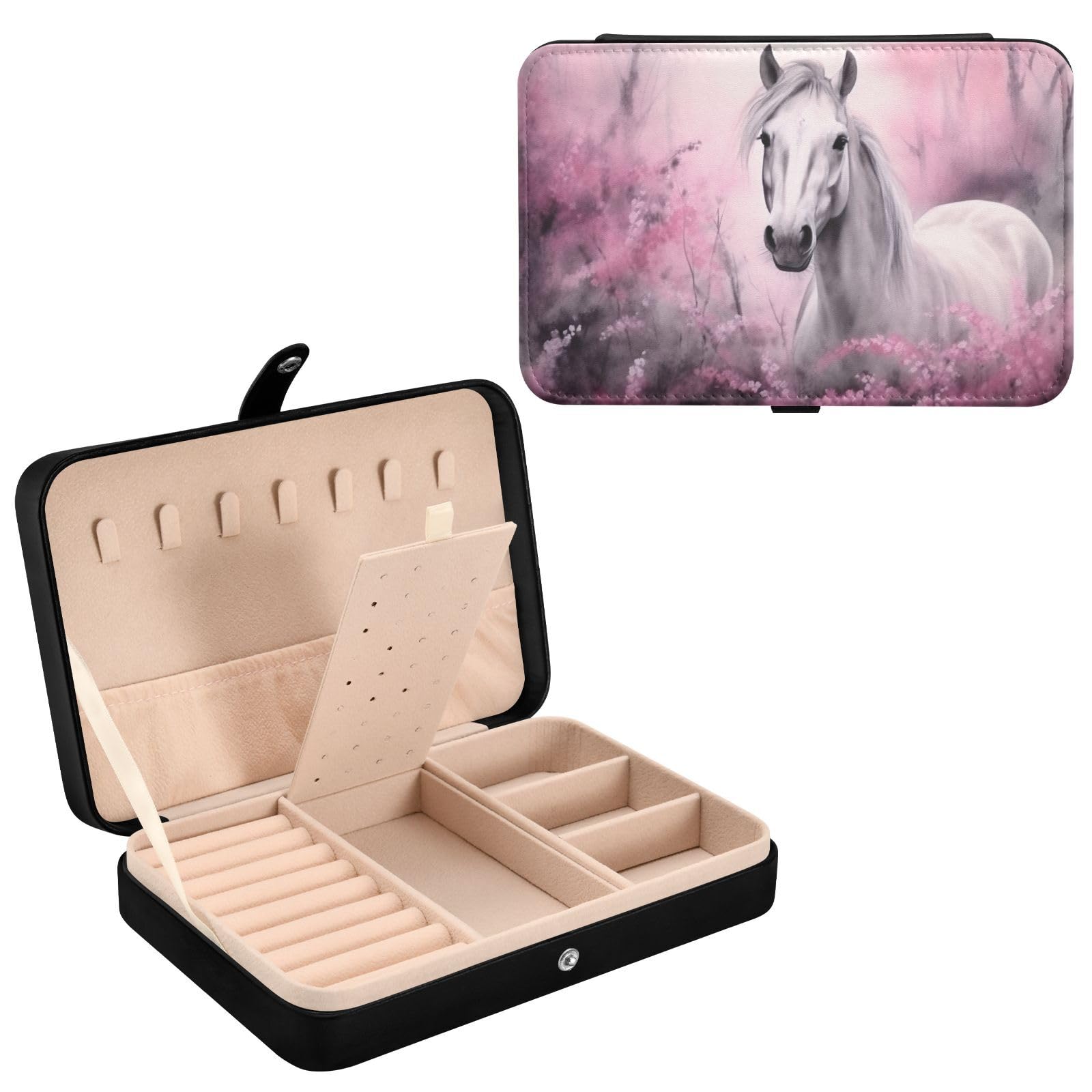Haskirky White Horse Jewelry Box Portable PU Leather Travel Jewelry Organize for Women Jewelry Storage Display Holder for Ring, Necklace, Earring