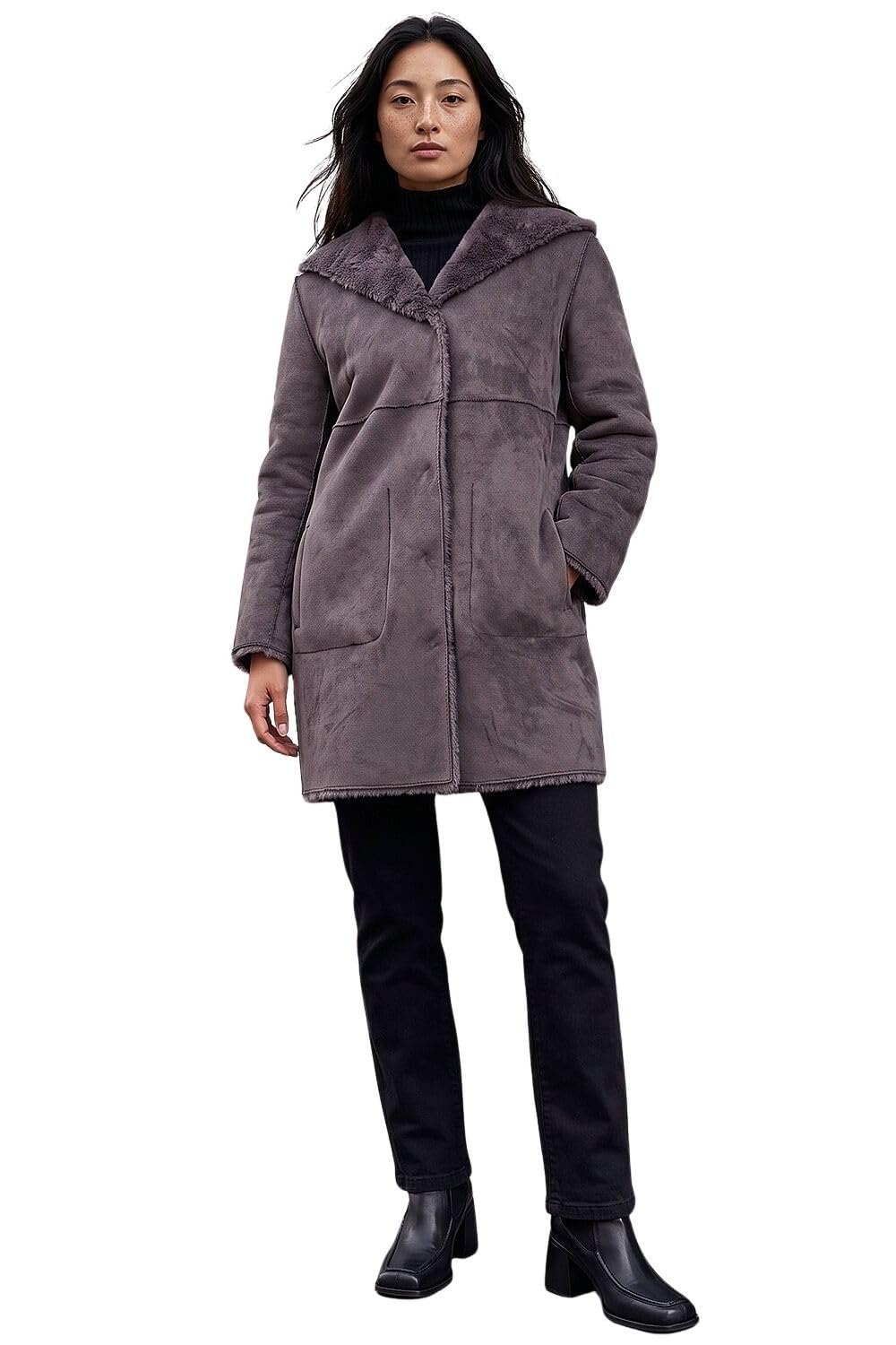 Roman Women's Taupe Petite Faux Sheepskin Hooded Coat In | : Size 16