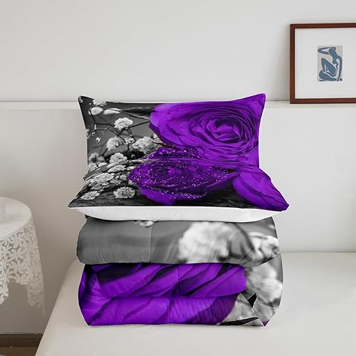Miniatura 5 de Juego de edredón floral morado, 3 piezas, romántico juego de ropa de cama con rosas moradas para niñas, niños, mujeres y hombres, elegante edredón