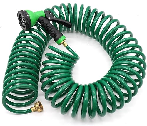 Besiter Manguera de bobina de 25 pies, manguera de jardín de EVA con conector de latón, manguera de agua en espiral ligera y sin torceduras, incluye