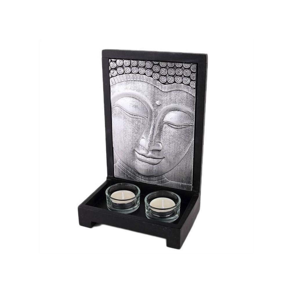 Lachineuse - Decorative Buddha Face Candle Holder - Zen Interior Buddha Decoration - with 2 Glass Candle Holders - 24 x 15 cm - Asian Deco - Asian Decoration - Asian Gift Idea - Meditation Candlestick