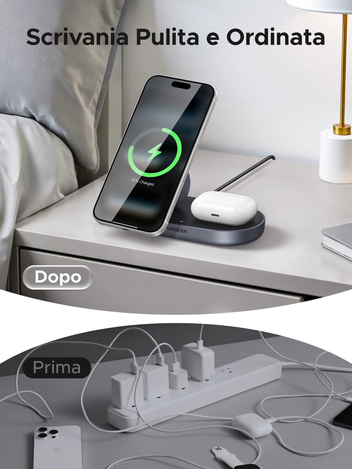 UGREEN Zapix Caricatore Wireless iPhone, Qi2 25W Ricarica Ultra Rapida, 2 in 1 Base Ricarica Magnetico Compatibile con Magsafe iPhone 17 16 15 14 13 12 Pro Max Air Plus AirPods (Nero)