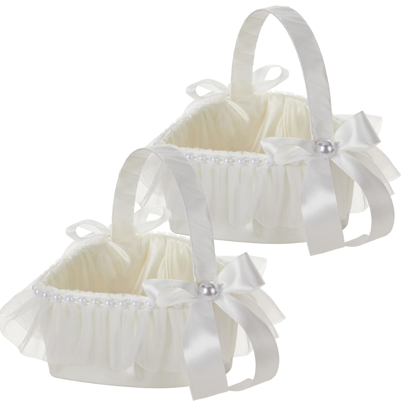 2 Pcs White Flower Girl Basket Set Heart Shape Romantic Petals Storage Basket with Handle Bowknots and Rhinestone Small Flower Candy Basket for Wedding Ceremony Party Supplies