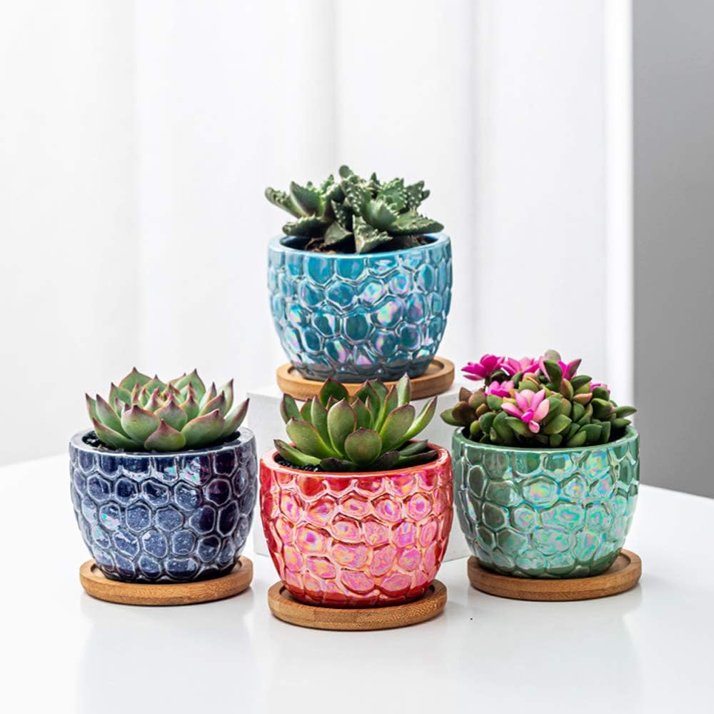 3.5 Inches Ceramic Succulent Planters, Colorful Bonsai Pots for Window Desk Home Decor with Bamboo Trays