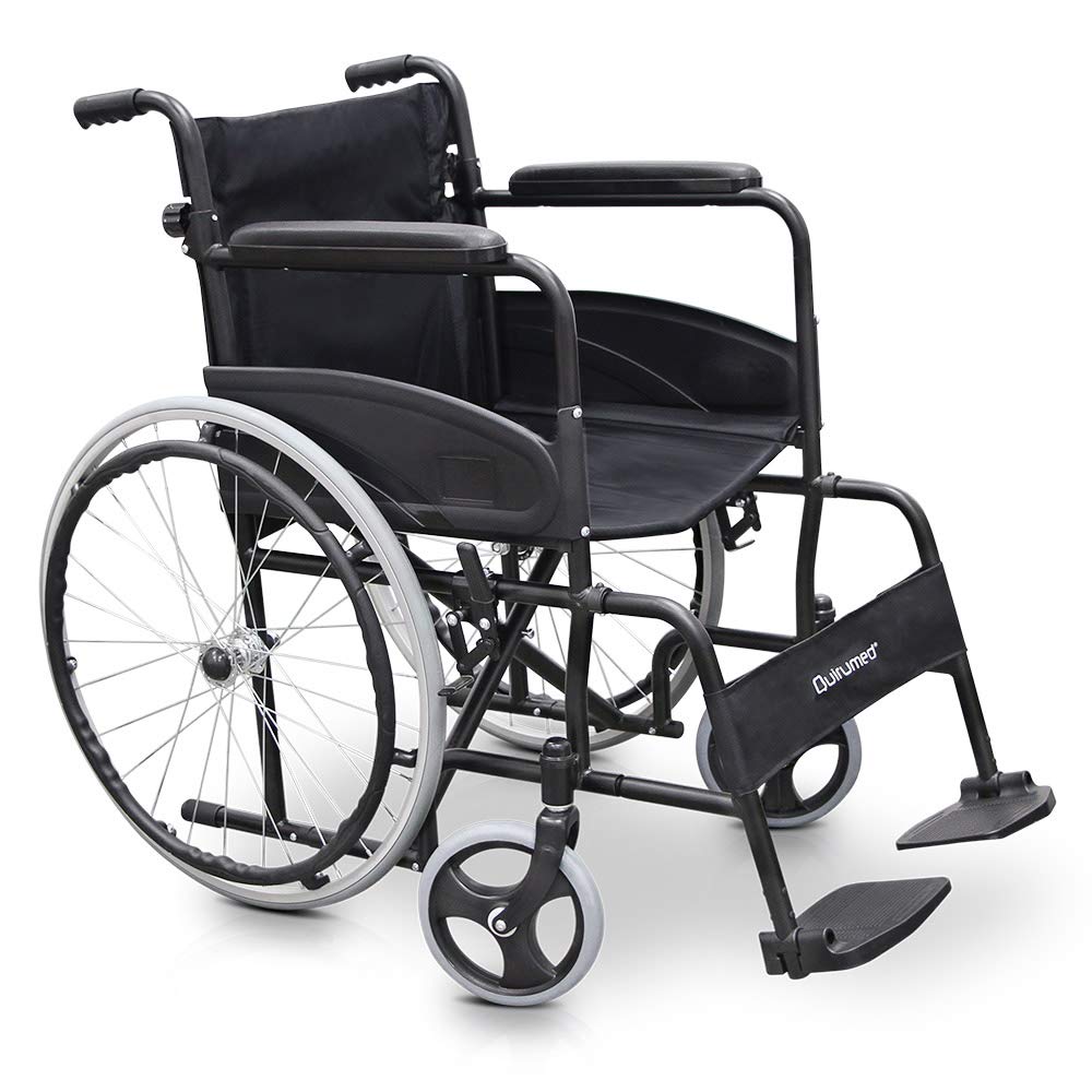 QUIRUMED Silla de ruedas de acero, modelo EASY COMPACT, Plegable, Asiento 46 cm, Ligera, Bolsillo portadocumentos, Para mayores, Para minusválidos, Hasta 110 kg