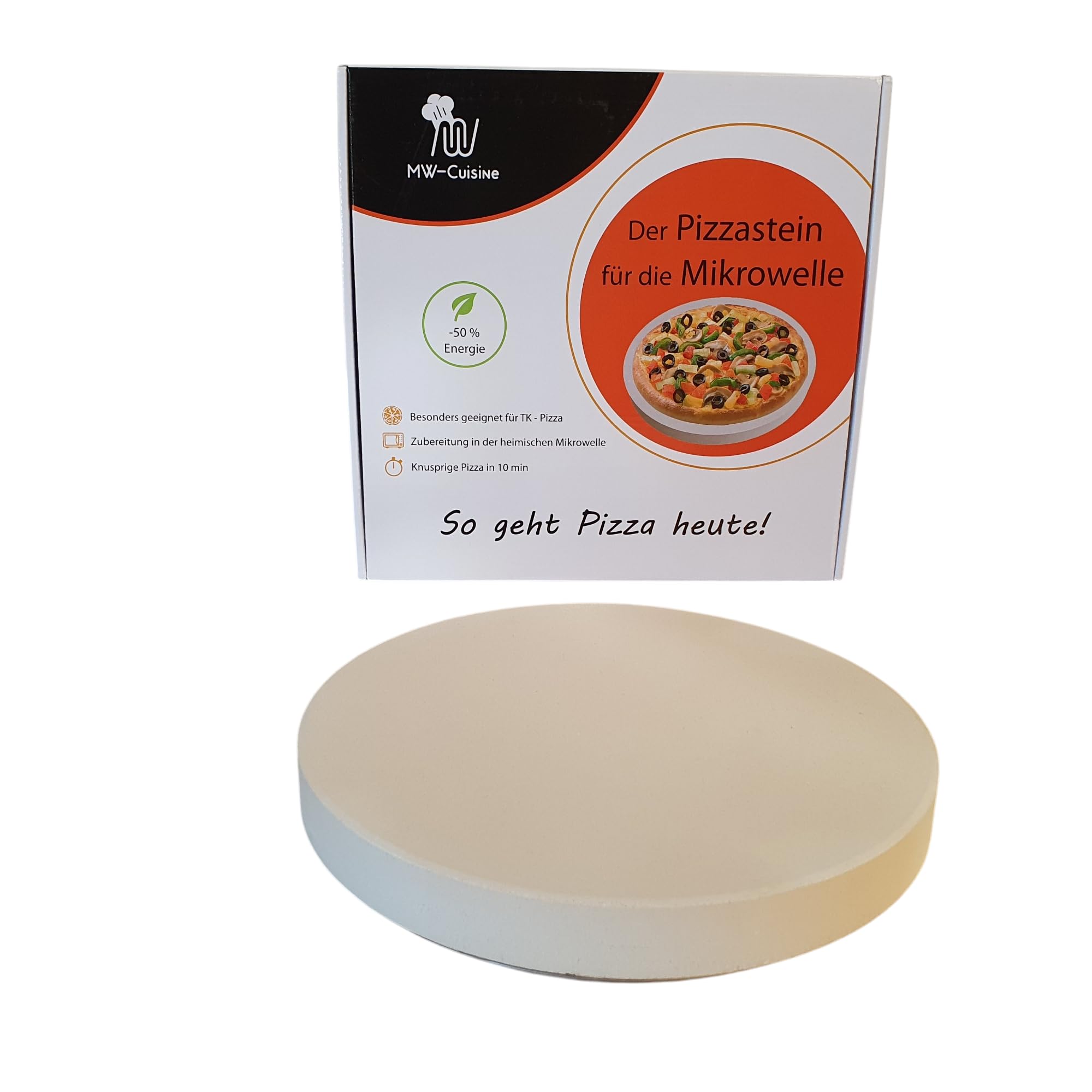 Pizzastein/Backstein/Warmhalteplatte für Mikrowelle und Backofen, ø 27 cm. Mit 50 Blatt Backpapier. Innovation aus Deutschland.