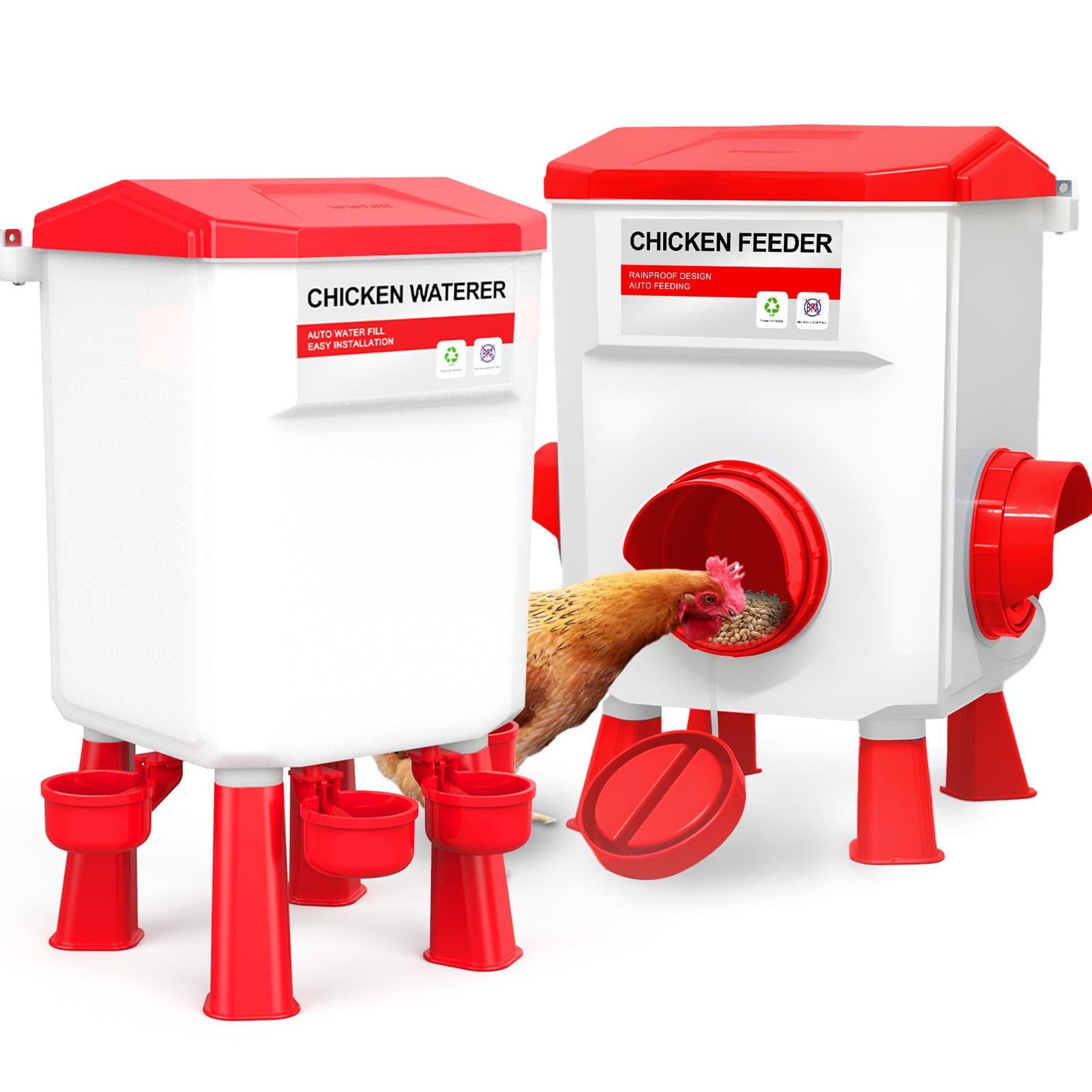 chicken feeder and waterer set, chicken coop accessories with hanging chicken feeder and hanging chicken waterer kit no waste, 3 gallon/26 pounds, red