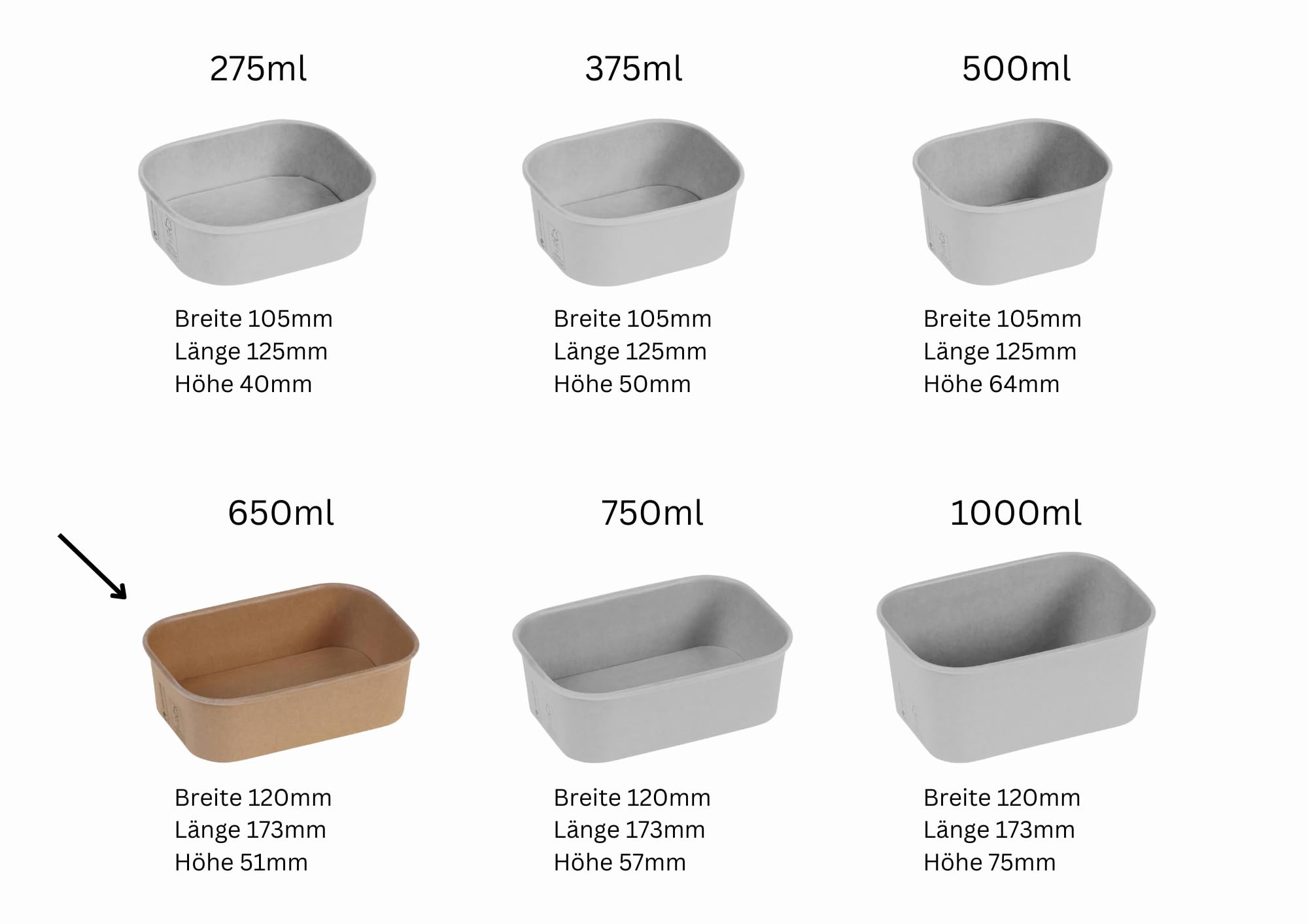 300 cuencos para ensalada para llevar, color marrón, cuadrados, 650 ml, 17,3 x 12 x 5,1 cm, vasos de delicatessen reciclables, cuencos de cartón kraft