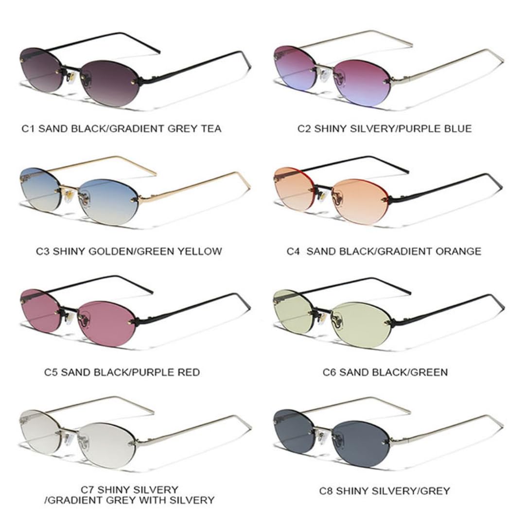 Modische kleine ovale Damen-Sonnenbrille, beliebte randlose Herren-Sonnenbrille mit Farbverlauf, UV400 (silberfarbener Farbverlauf)