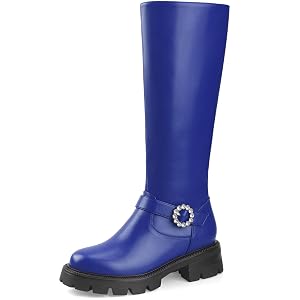 Oh Mispares Womens Round Toe Knee High Boots Chunky Heel Lug Sole Riding Tall Boots Ankle Strap Faux