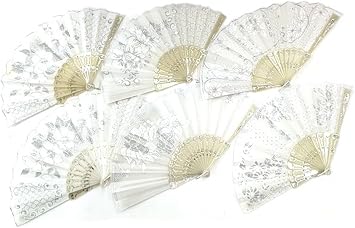BUY 1 GET 1 FREE of WHITE FABRIC WEDDING Womens 9 inch Pocket LACE Hand Fan
