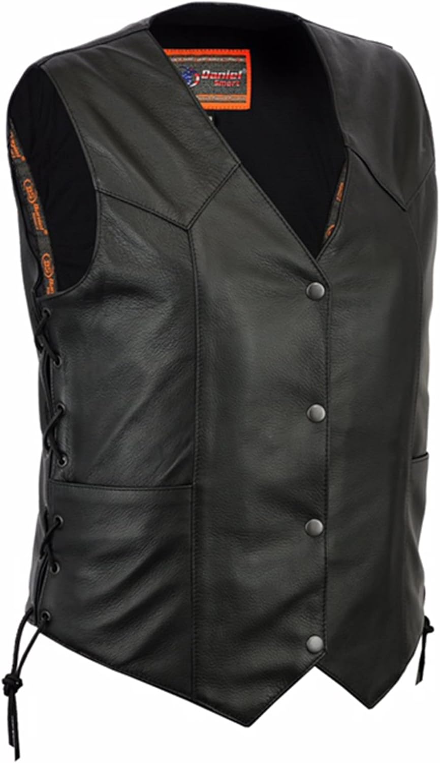 Daniel Smart Women Black Leather Vest Classic V-Shaped Neck Front Snap Closure Motorcycle Vest & Concealment Armory Pocket