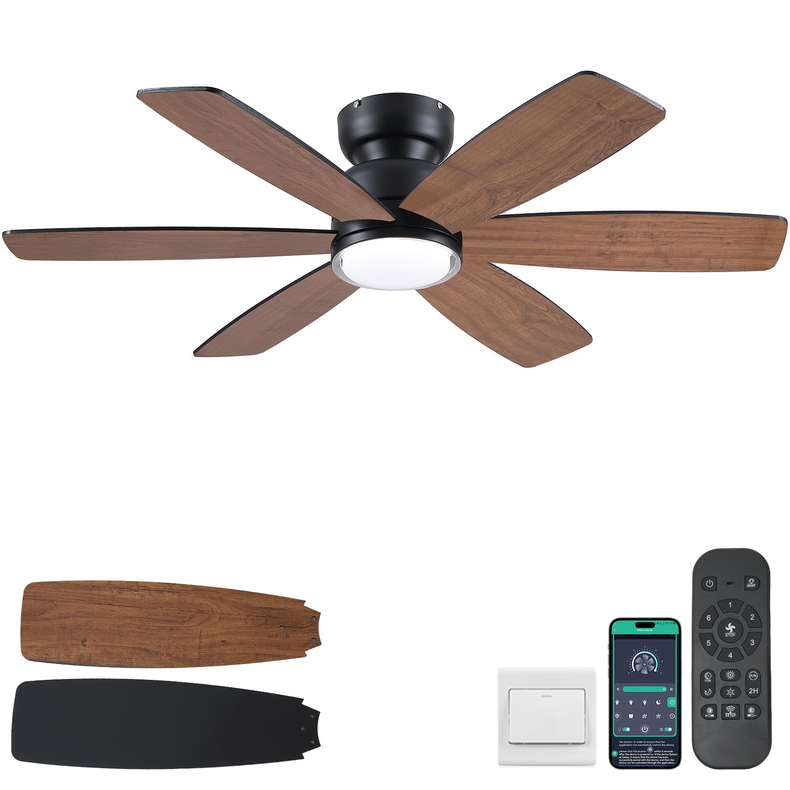 Kviflon 117 cm Landhaus-Deckenventilator mit Licht, Fernbedienung/APP-Steuerung, 6 umkehrbare Doppel-Seiten-Klingen, 3 CCT Dimmbar, Braun