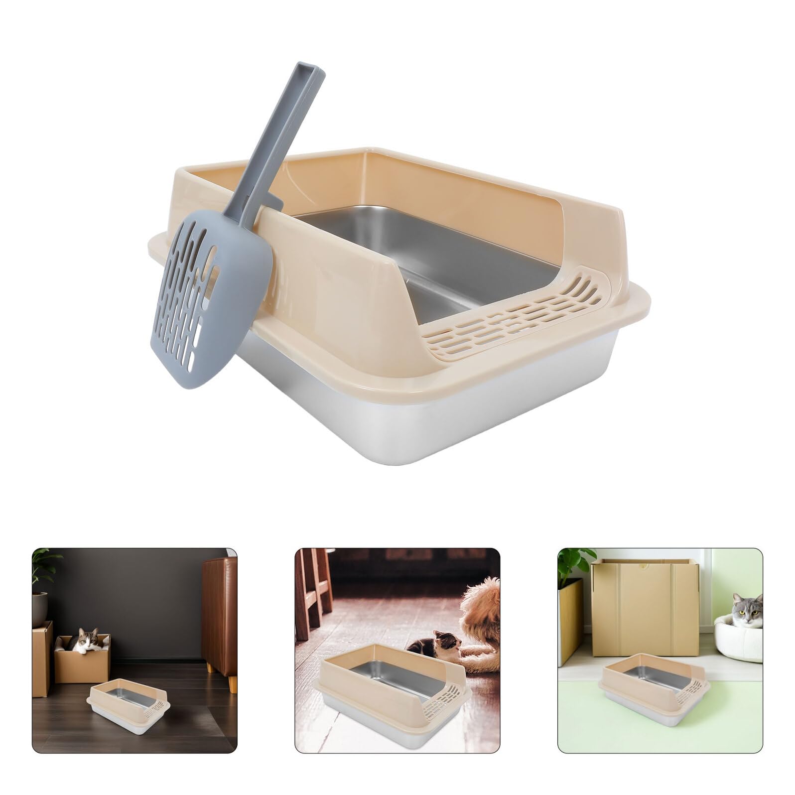 Alasum Edelstahl Katzenstreu Box mit Deckel und Schaufel Hohe Seiten Geschlossene Metall Katzentoilette Auslaufsicher Mittelgroß Khaki für Wohnung Reise und Innenbereich