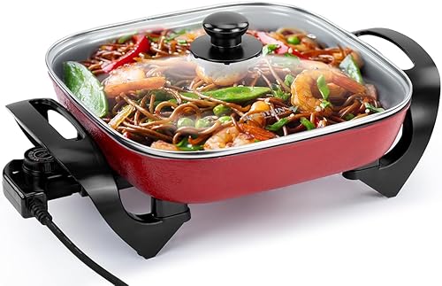 Holstein Housewares Sartén eléctrica de 12 pulgadas y sartén con tapa de vidrio, revestimiento antiadherente, control de temperatura con sonda de