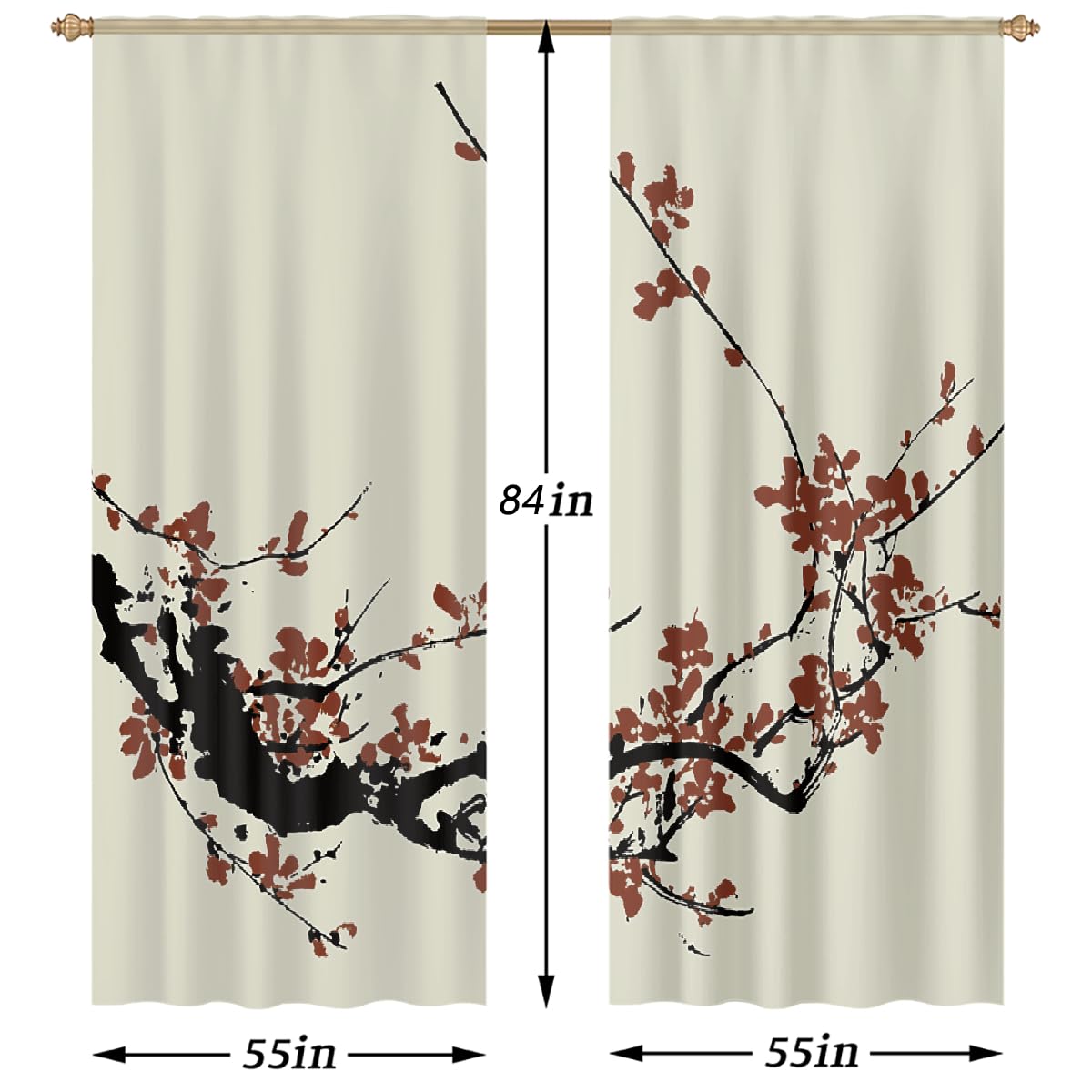 Juego de 2 paneles de cortinas semitransparentes de 55 x 84 pulgadas, flores japonesas de cerezo, con bolsillo para barra, filtran la luz, para dormitorio, sala de estar