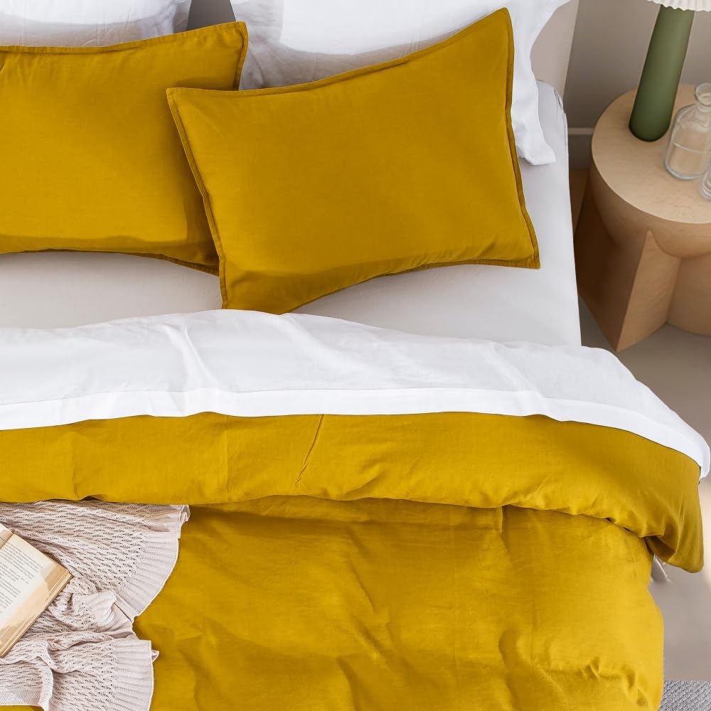 DAUAOTO Linen Blend King Size Duvet Cover Set - 106"x92" Duvet Cover + 2 Shams, 55% Linen 45% Cotton Bedding Sets, Marigold Yellow