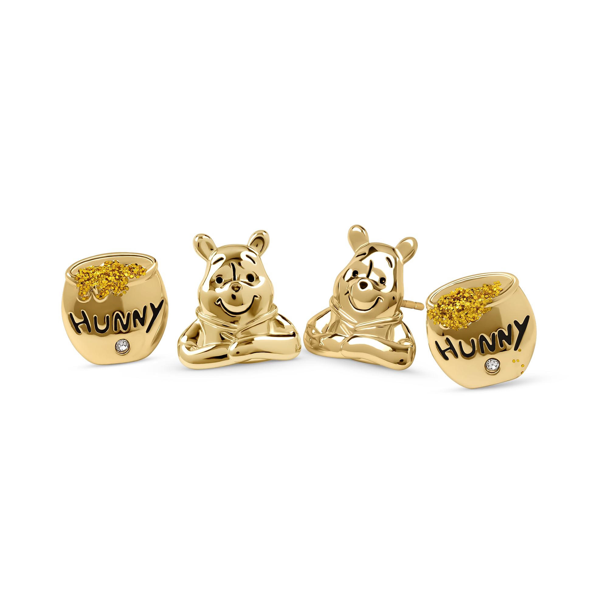 Disney Ensemble de boucles d'oreilles à tige Winnie l'ourson plaqué or et pot Hunny avec cristaux pour filles