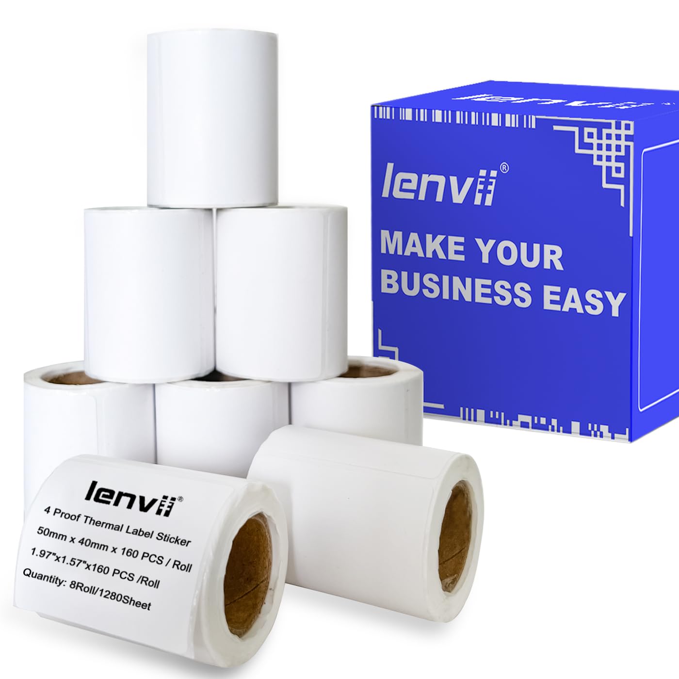 LENVII 2" x 1.57" Thermal Labels Paper 1280 Sheets - 8 Rolls × 160 Labels, Tear/Water/Oil/Scratch Resistant Multi-Purpose Adhesive Stickers for Barcode/FNSKU,Home,Office,DlY logo,Product/Gift Labeling