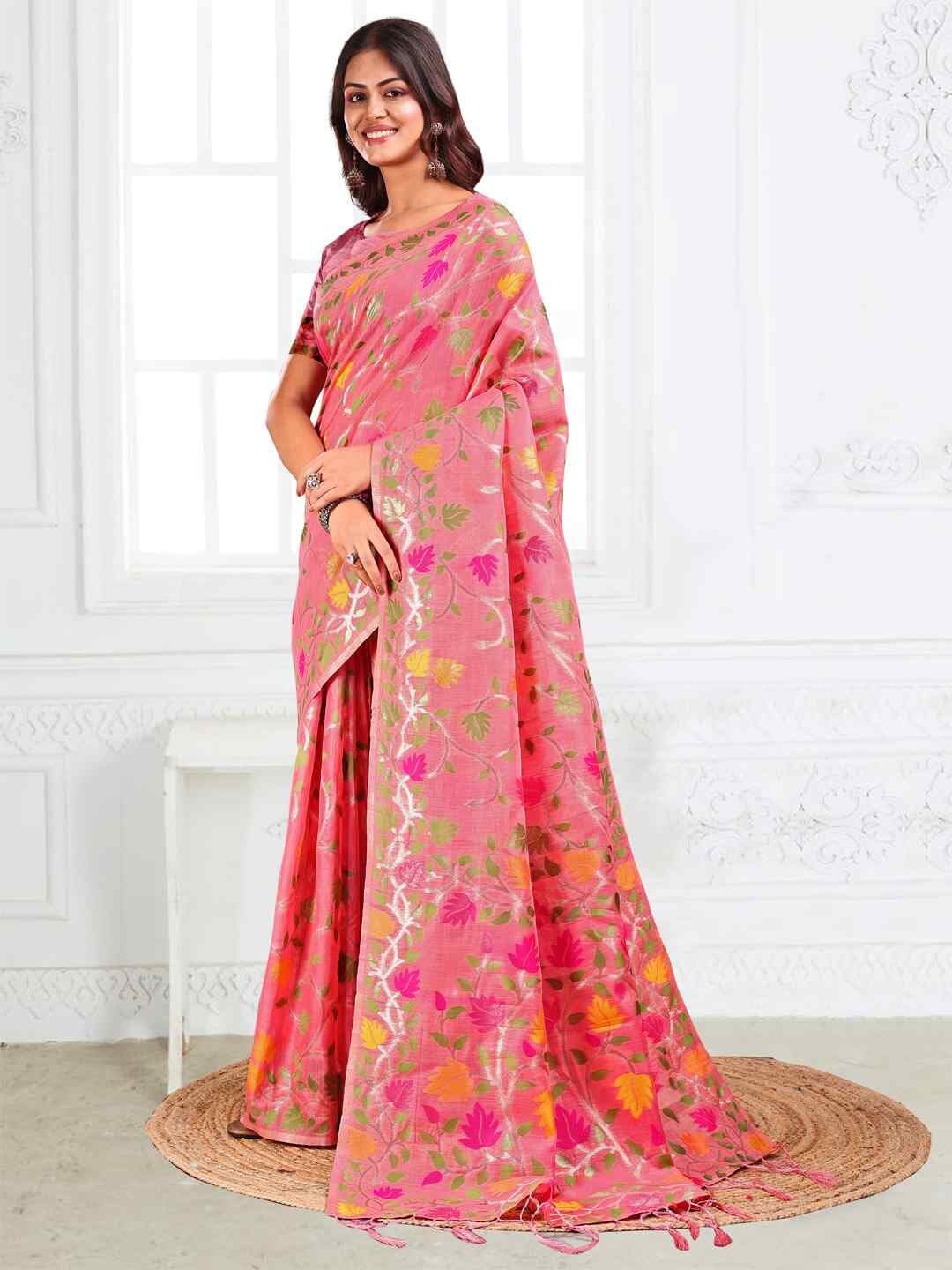 Shiv Textiles Women's Linen Cotton Floral Printed Saree(AUS-ASGUL1004-PINK) 1