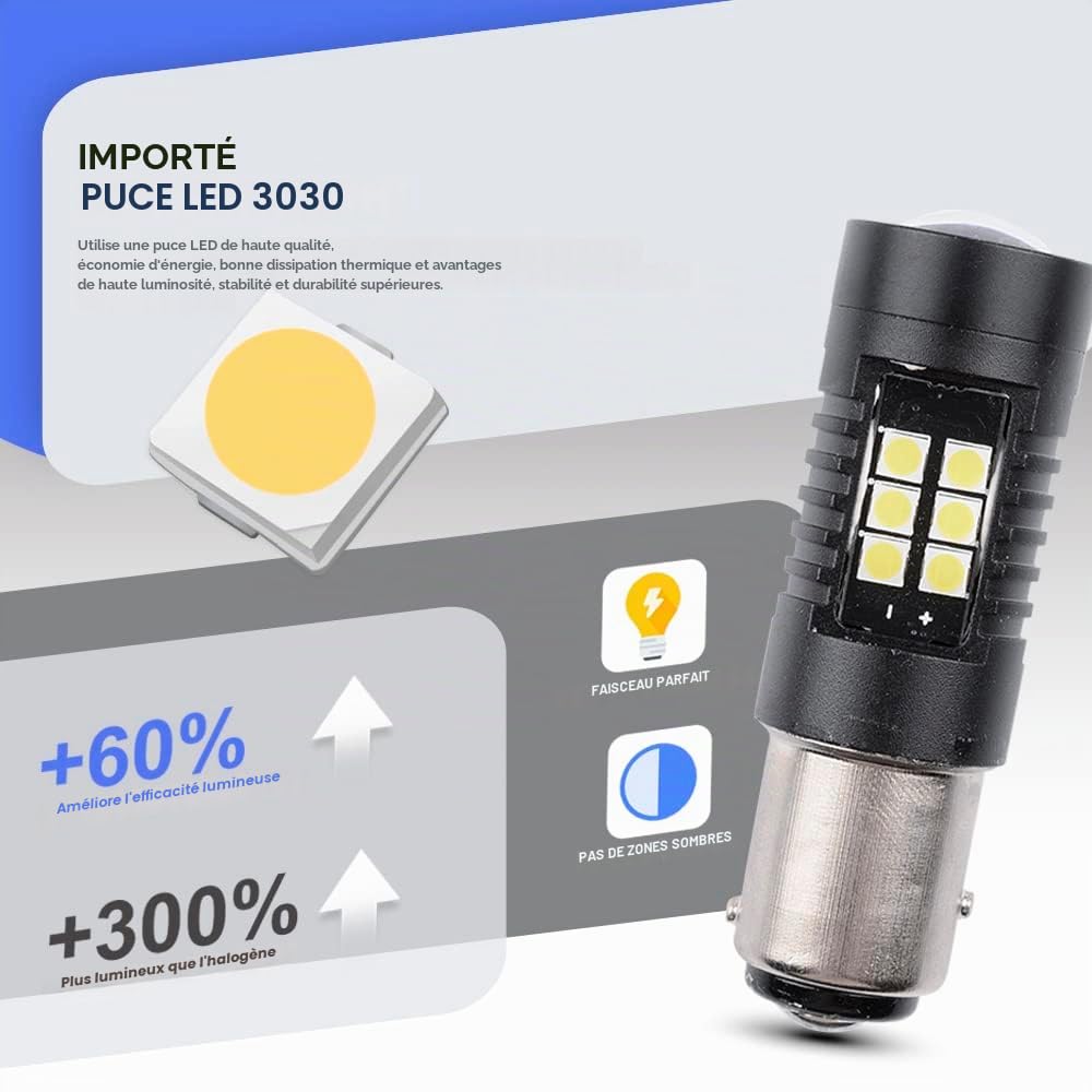 LED Drl Feux de jour Ampoules pour Jee.p Renegade (BU,Bi) 2014- Paire de 21 LED P21W BAY15D Lumière du jour, Drl Lumières allumées toute la journée P21/5W feuxLed Lumière de stationnement