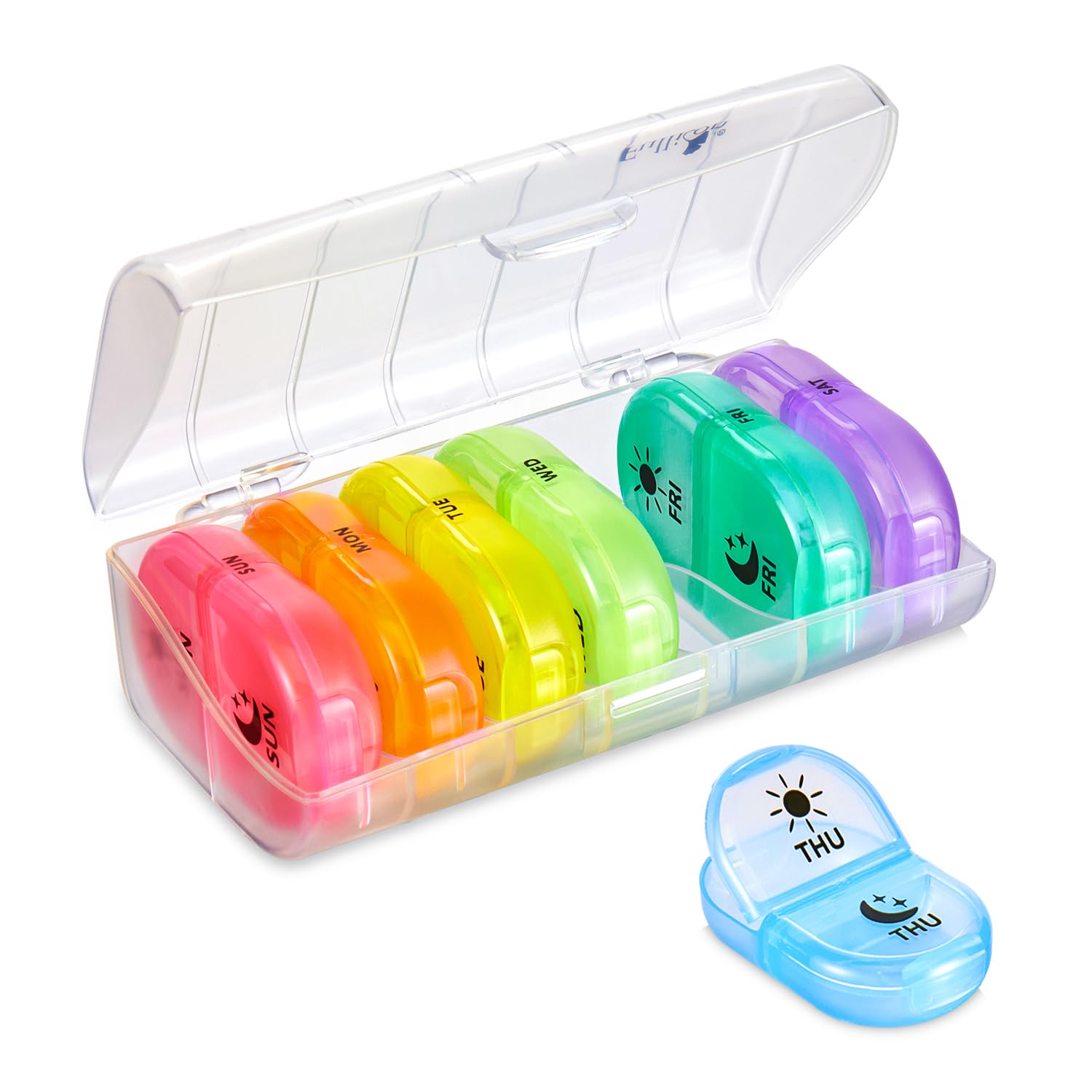 Fullicon Weekly Pill Organizer - 7 Day, Spill Proof AM PM Pill Organizer for Medicine, Vitamin, Fish Oil, and Supplement (Clear Rainbow)