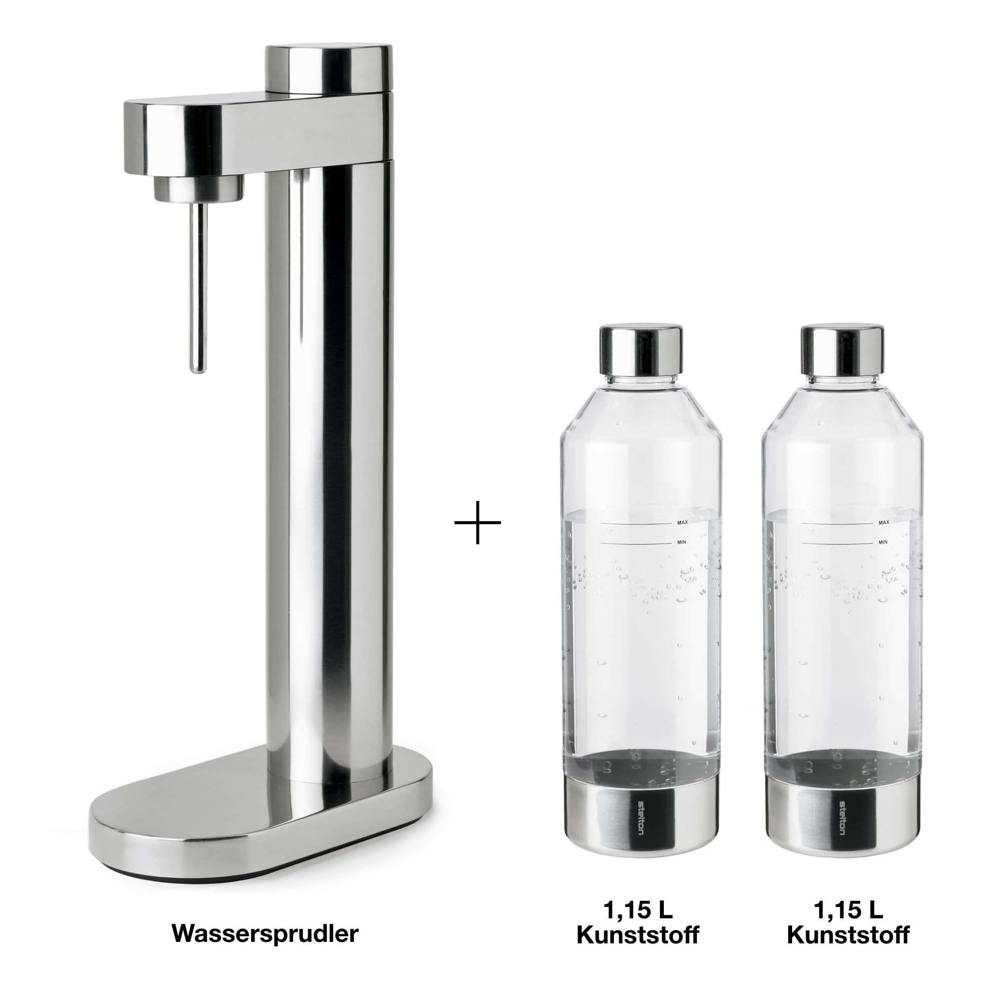 Stelton Brus Wassersprudler Edelstahl, Wassersprudler mit Flasche + 1 Extra Flasche, Manueller Soda Maker, Kompatibel mit 425 g CO₂-Zylinder, Skandinavisches Design
