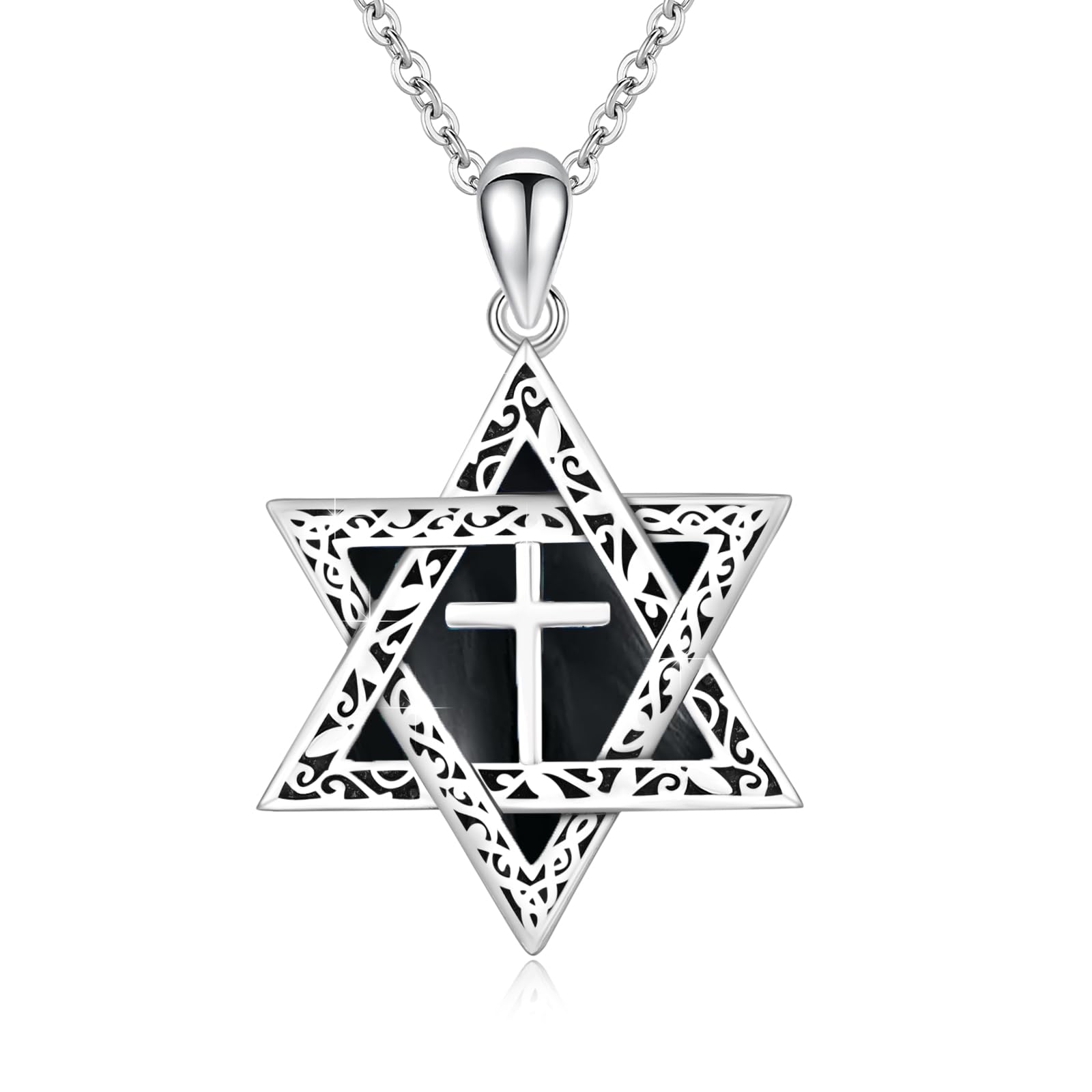 Onice - Collana con stella di David, in argento Sterling 925, a forma di stella di David, con ciondolo a forma di croce e onice, ideale per uomini e donne, misura unica, Argento sterling, Onice