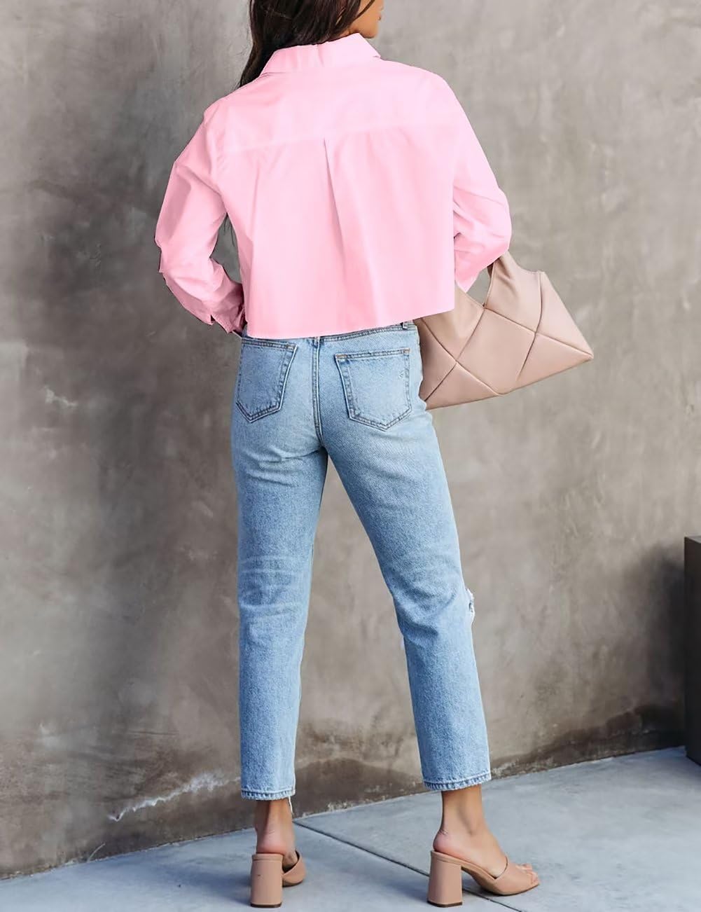 INFITTY Women's Button Down Cropped Shirts Long Sleeve Casual Crop Tops Loose Fit Cotton Lapel Blouse Fall - Image 4