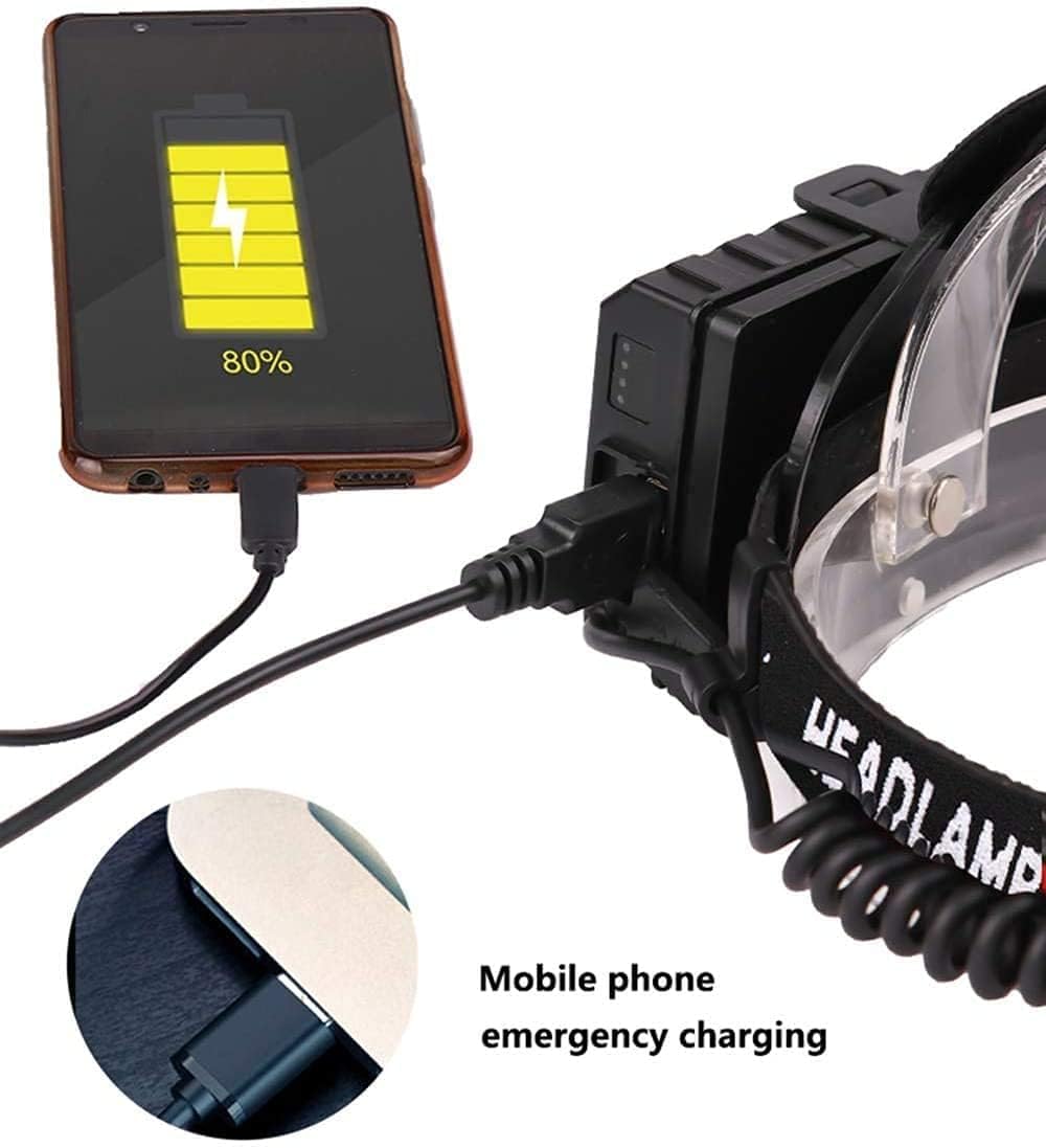 Lampe frontale LED ultra lumineuse rechargeable par USB avec projecteur de recherche étanche XHP99 haute performance, 200 000 lumens, zoom à 3 niveaux et détecteur de mouvement, idéale pour le camping
