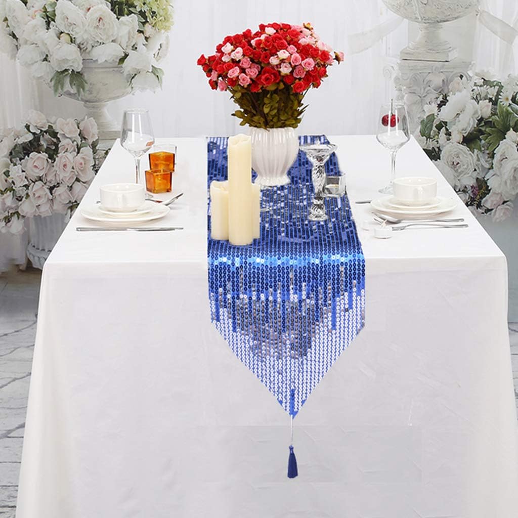 Flаѕh Dеаlѕ - 50% оƒƒ JuyaDelight12x72 inch Navy Blue and Silver Line Stripe Sequin Table Runner, Luxury Sparkle Table Runner for Banquet Party Dessert Table Decoration