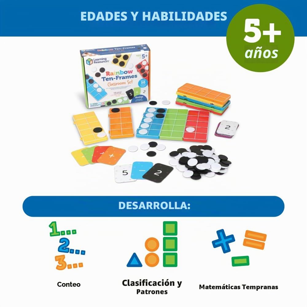 Learning Resources Set de Diez Marcos con el arcoíris para Clase, 5+, 10 Marcos y fichas conectables hasta el Diez, Material didáctico de matemáticas, Elementos Esenciales para Clase