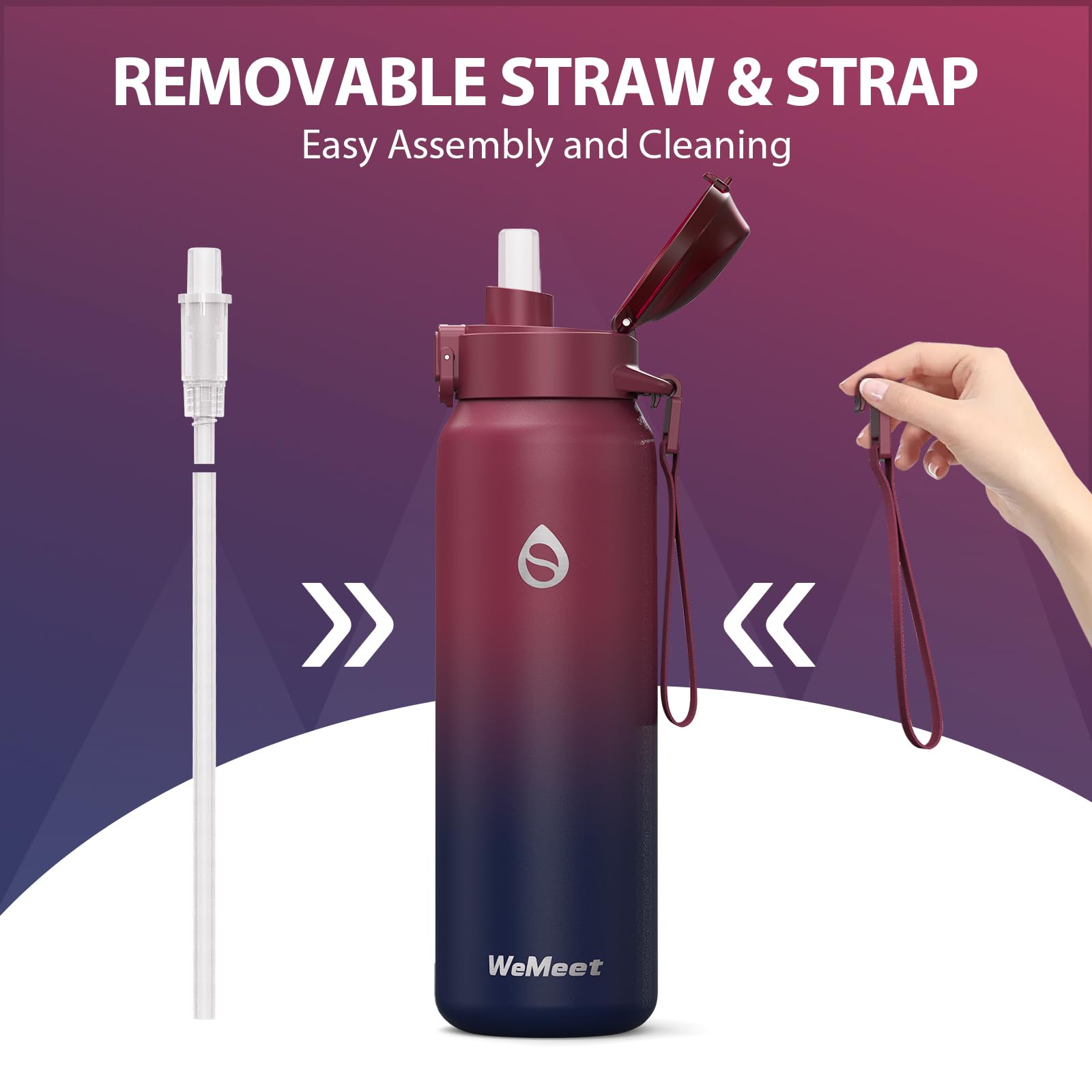 WEMEET - Borraccia in acciaio inox con cannuccia rimovibile, 700 ml, in acciaio inox 18/10, senza BPA, con coperchio in trifenilmetano, perfetta per sport all'aria aperta, lavoro, viaggi e scuola