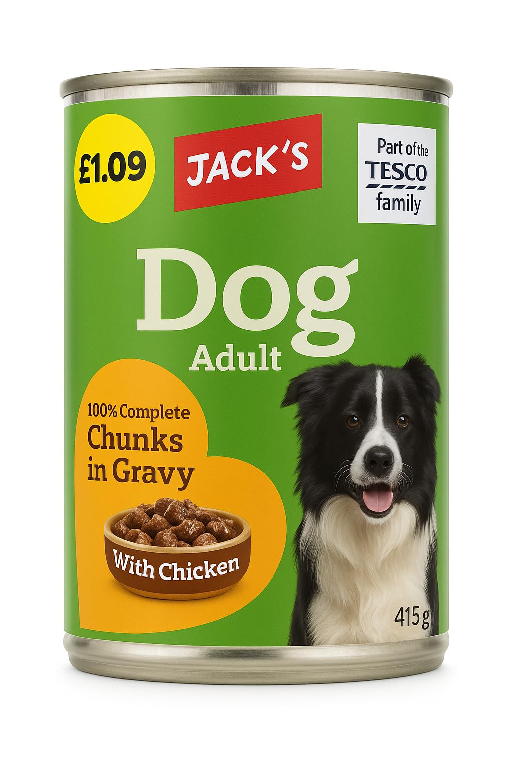 Jack’s Adult Dog Food 415g - Complete Chunks in Gravy with Chicken, Balanced Wet Dog Food for Daily Nutrition, Tender Meaty Chunks in Rich, Savory Gravy for Healthy (12 Cans, Chicken)