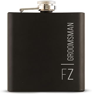 Weddingstar Personalized Custom Engraved 6oz Black Hip Flask Stainless Steel Wedding Gift - Vertical Monogram and Text Engraving