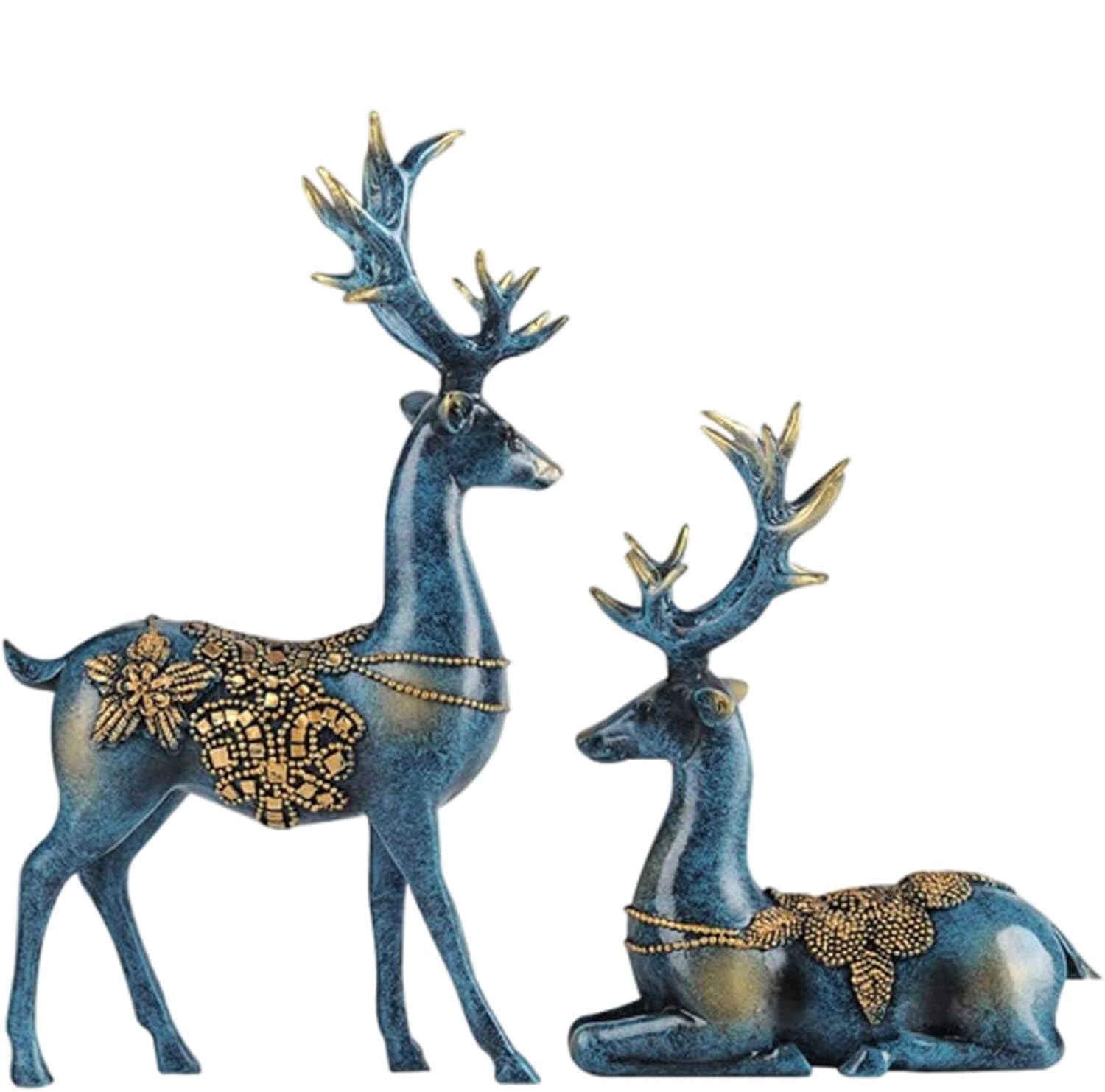 2 figuras de reno de Navidad, esculturas de reno de resina de pie y sentado para centros de mesa de Navidad, suministros de decoración del hogar de vacaciones (azul, talla única)