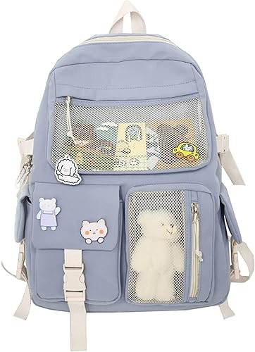Mochila Kawaii para niñas con bonitos accesorios de alfiler, colgante de felpa, mochila estética universitaria Kawaii, Azul (Blue BackPack), Classic