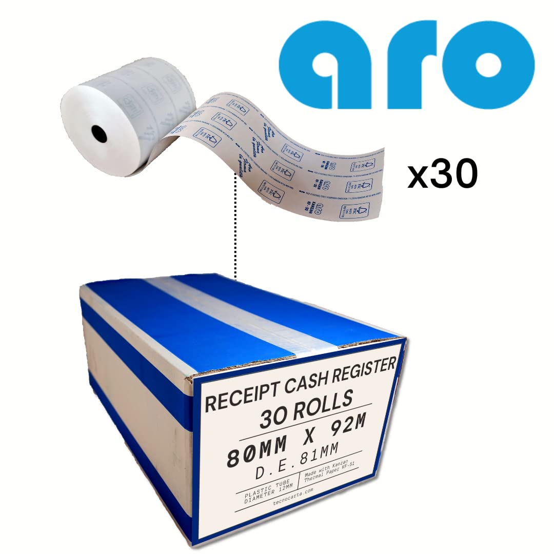 Rollos POS 80 mm x 92 m para registradora de caja - Papel térmico - Diámetro 81 mm - Fabricado en Italia (30 rollos)
