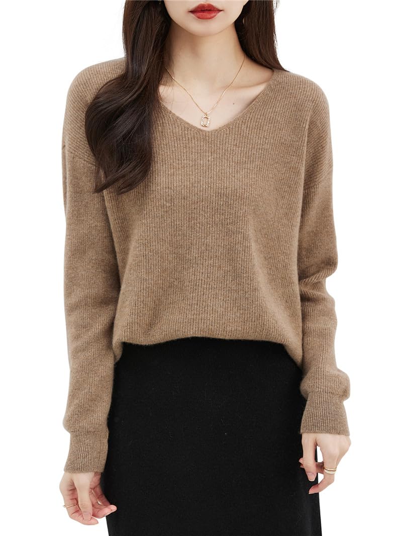 Maglione da donna con scollo a V, in lana, tinta unita, a maniche lunghe, caldo, morbido, lavorato a maglia