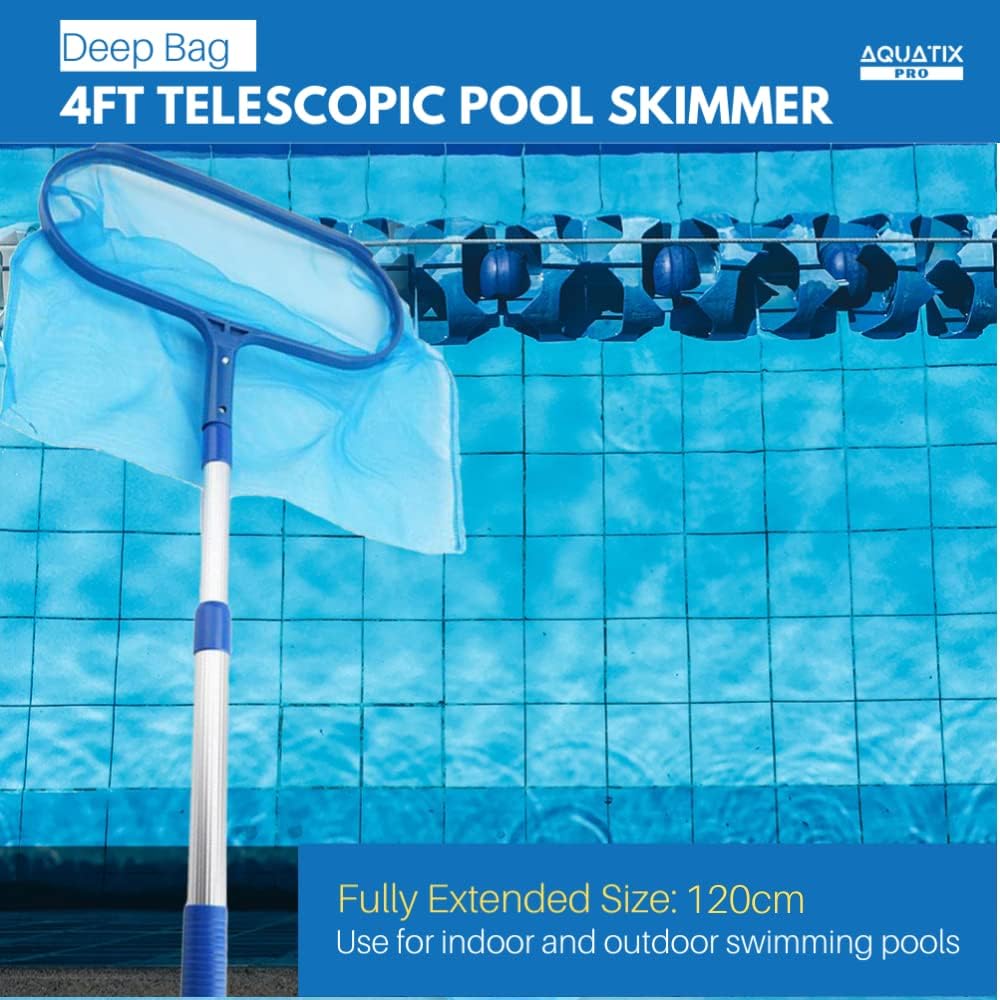 Aquatix Pro Pool Skimmer Premium Deep Bag Leaf Rake with 4 Foot Heavy Duty Adjustable Telescopic Aluminium Pole, Fine Mesh Net, Sturdy Frame, Strong Grip Handle, Also Suitable for Spas & Hot Tubs