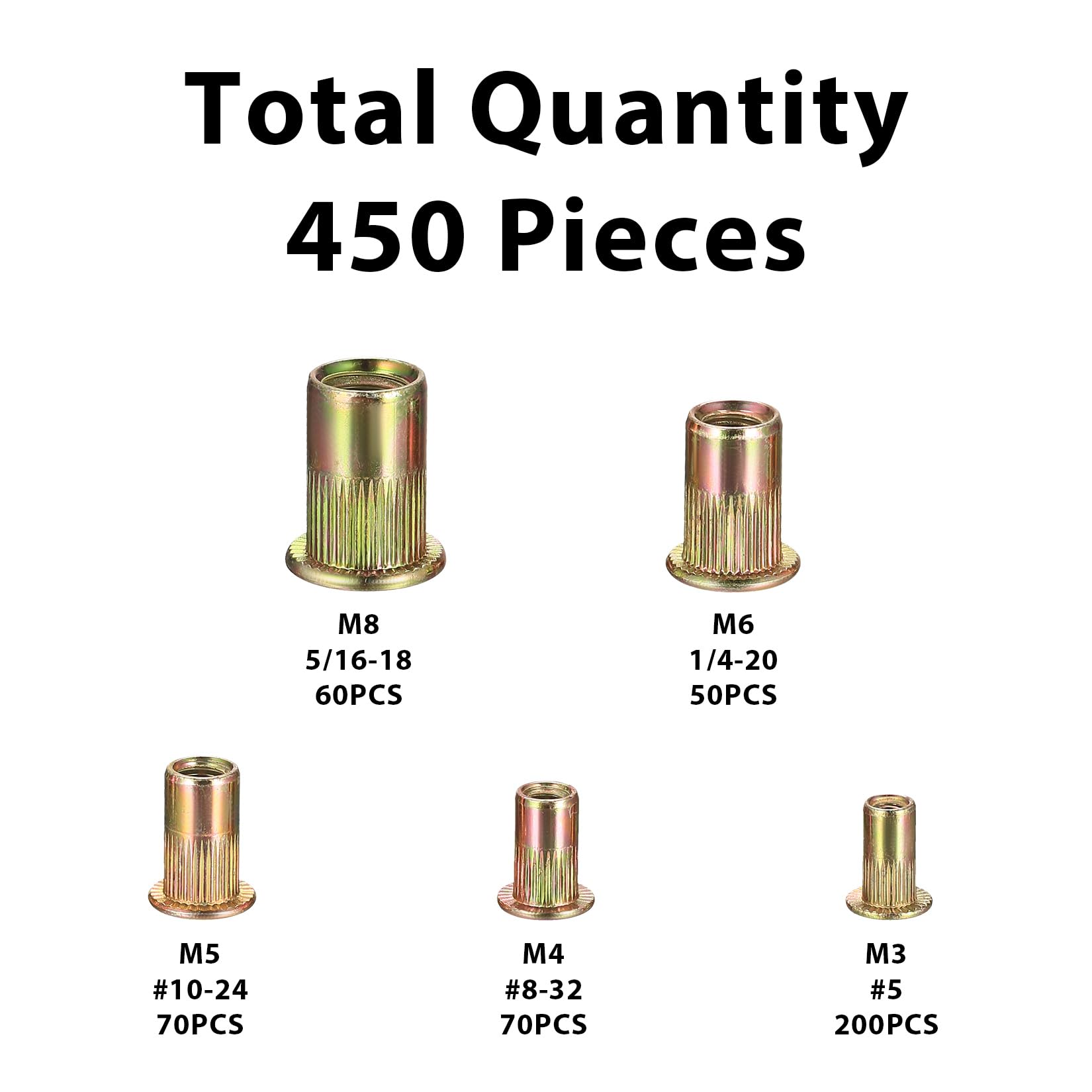 Set di 450 dadi rivetti, assortimento di dadi rivetti a testa piatta, M3 M4 M5 M6 M8, dadi filettati, rivetti filettati per dadi rivetti, per pinze per dadi rivetti, piastre metalliche, tubi, ecc