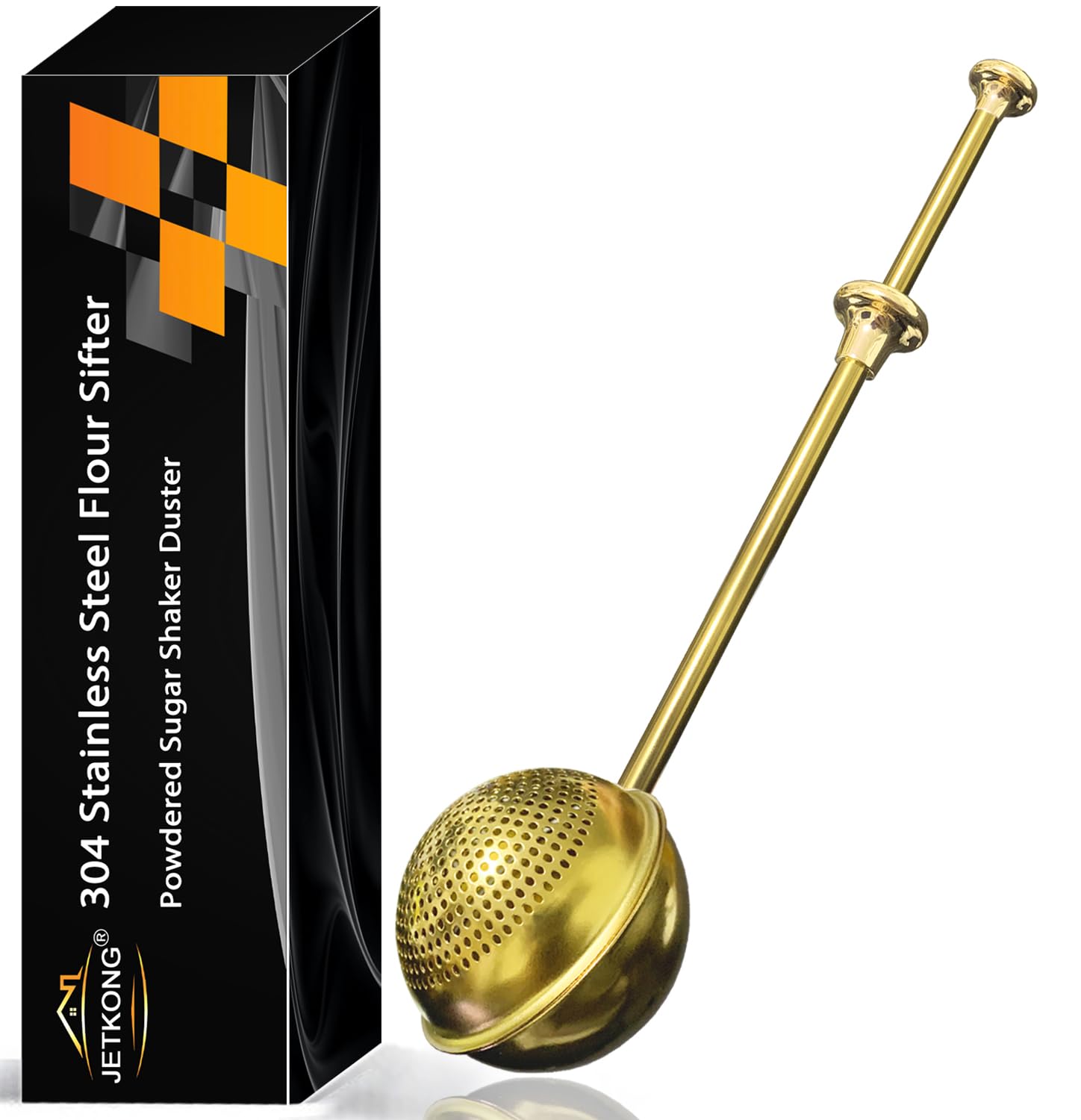JETKONG Large Flour Duster for Baking, One-Handed Operation Sugar Sifter, 304 Stainless Steel Dusting Wand, Flour Sprinkler for Bread Baking (Large, Gold)