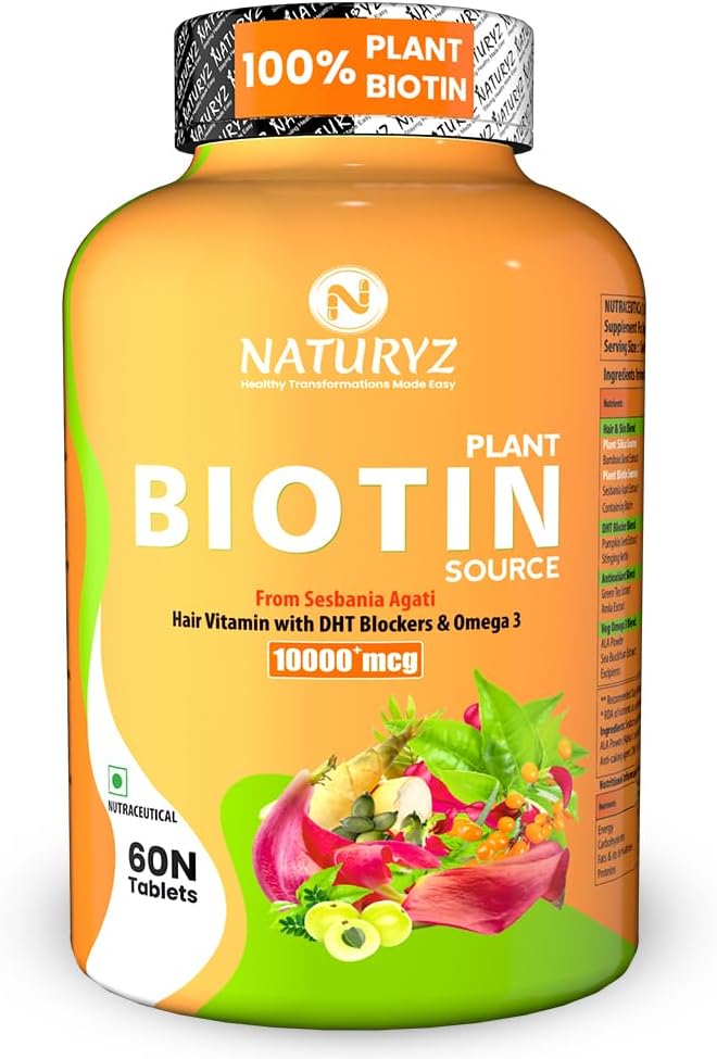 NATURYZ 100% Plant Based Biotin Tablets with High Protein Vitamin DHT Omega 3 for Strong Hairs,Nails Growth & Glowing Skin - 60 Tablets, 100 grams
