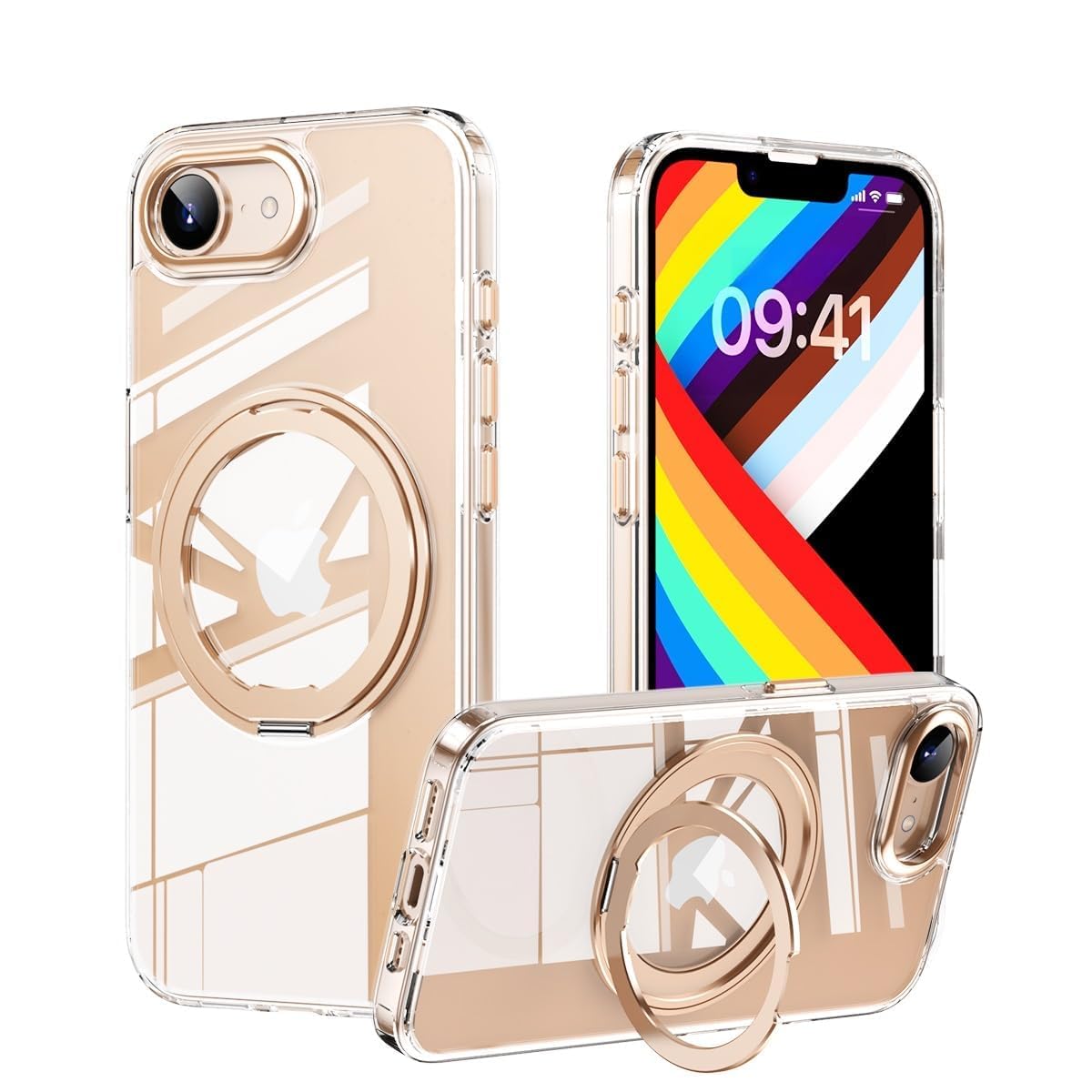 iPhone 16e 用 ケース 360度回転 スタンド MagSafe対応 アイフォン16e カバー ワイヤレス充電 SUGOIDAN 携帯ケース リング アイホン16e ケース 透明 マグセーフ 軽量 スマホケース （クリアのデザート）