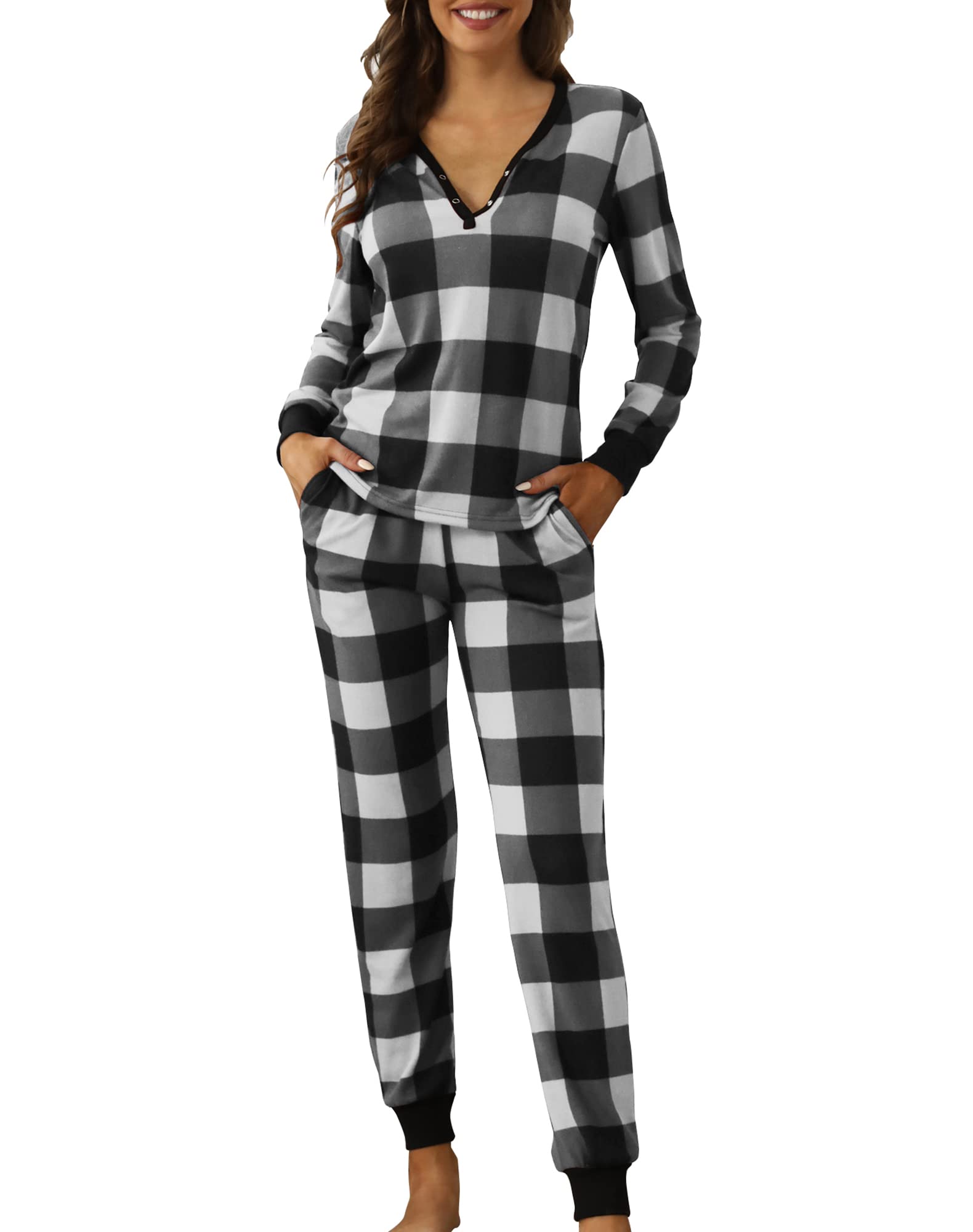 Smile Fish Womens Red Plaid Pajama Sets Henley Neck Buffalo Comfy Loungewear Sets