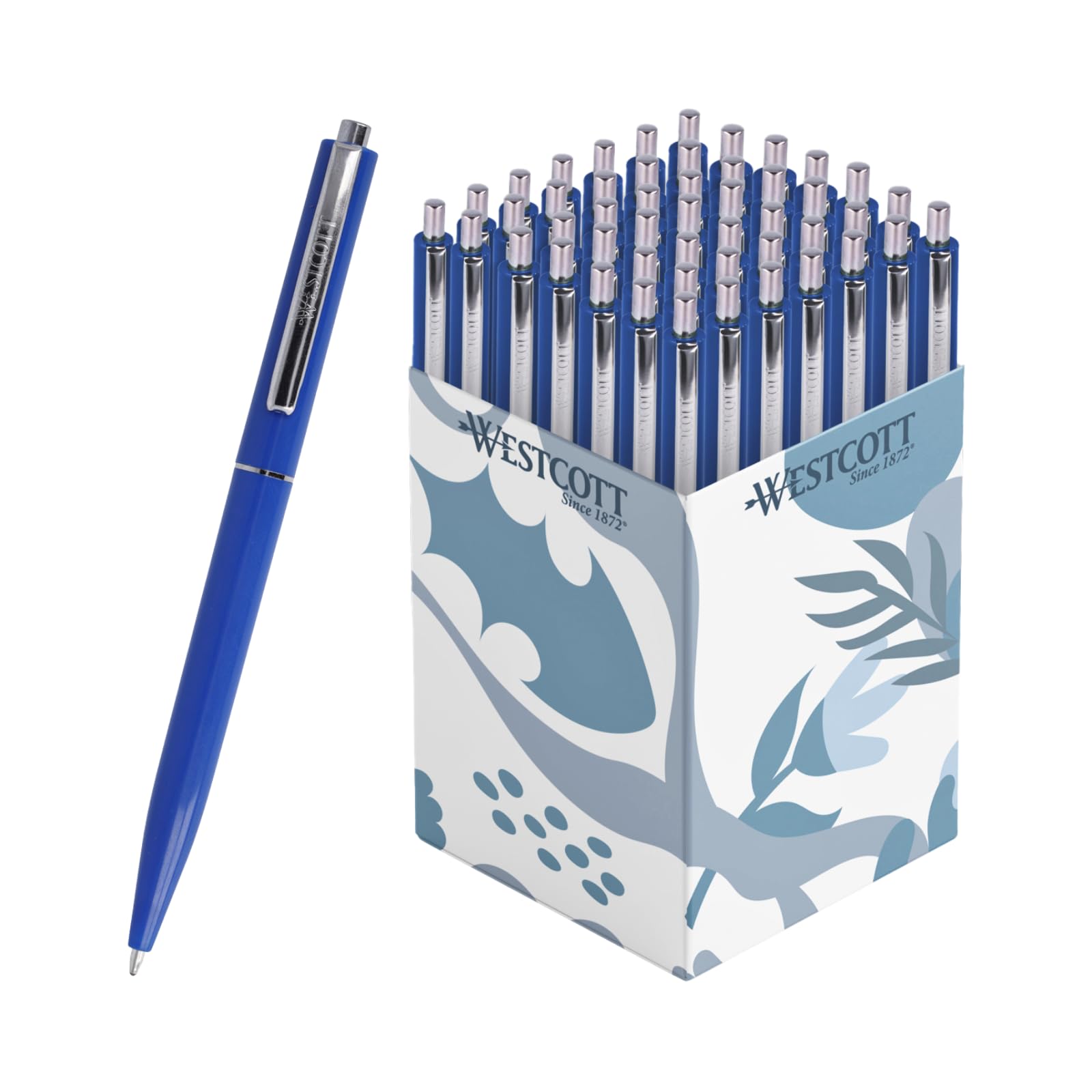Westcott Długopis ALLTIME niebieski 50 sztuk | Wysuwane długopisy biro z niebieskim tuszem | Szerokość linii M ze standardowym wkładem X20 | Odporny na dokumenty ISO 12757-2 | Solidny metalowy klips |