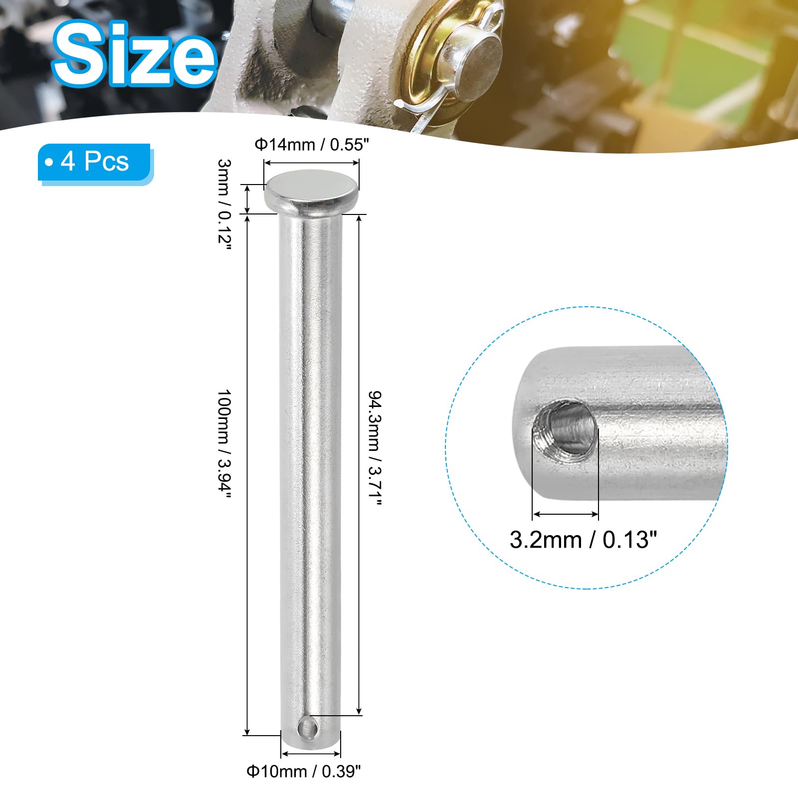 PATIKIL 10 x 100 Mm Single Hole Clevis Pins, 4 Pcs 304 Stainless Steel Flat Head Pin for Hitch Pin Lock Link Hinge Systems Silver - Image 2