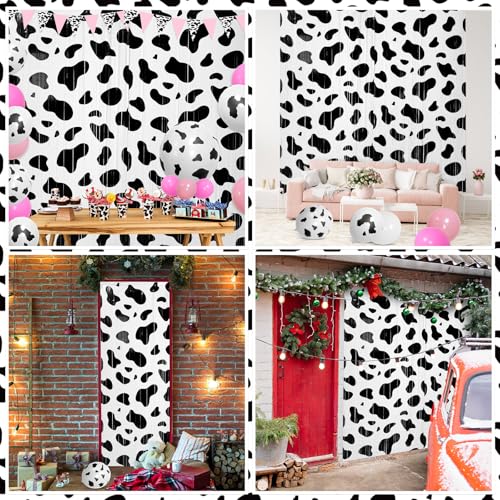 Image of WovWeave 2 Pcs Cow Party Decorations 3.3 x 6.6 ft Black and White Cow Farm Foil Fringe Curtains Backdrop Tinsel Streamers for Photo Booth Farm Birthday Disco Cowgirl Rodeo Party Decor Supplies