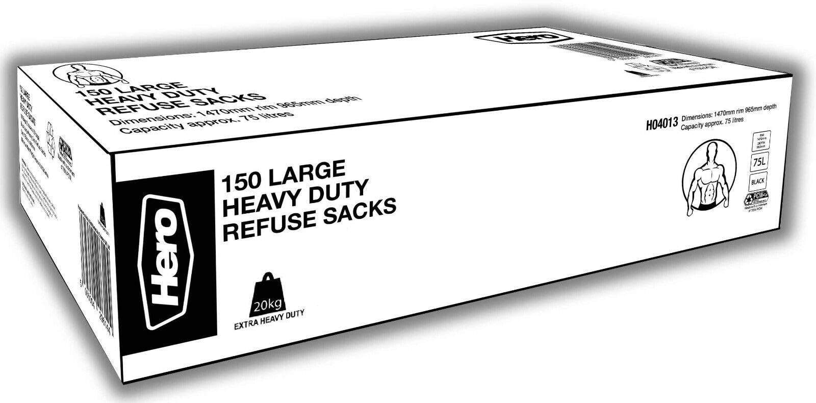 Hero Heavy Duty Bin Bags - Black - 75L - 150 Pack